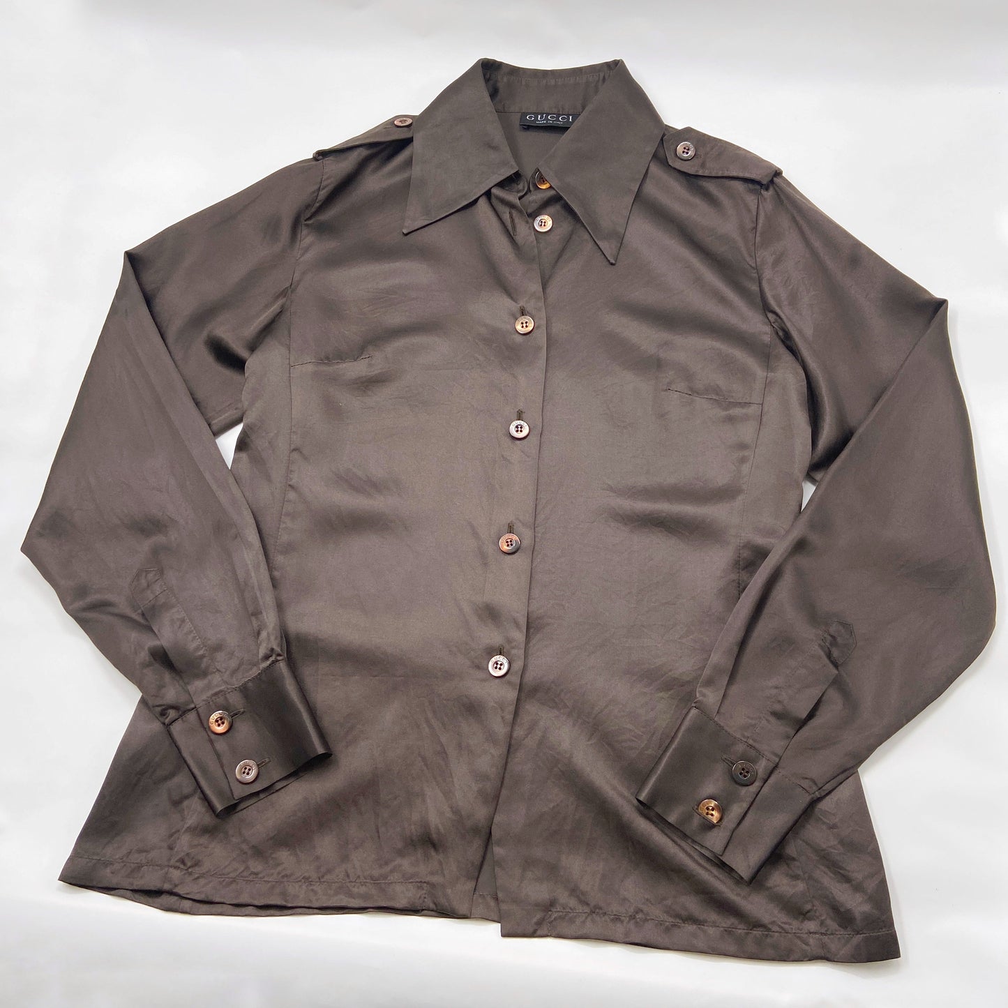 Gucci Fall 1996 Iconic Tom Ford Epaulette Brown Silk Shirt 40