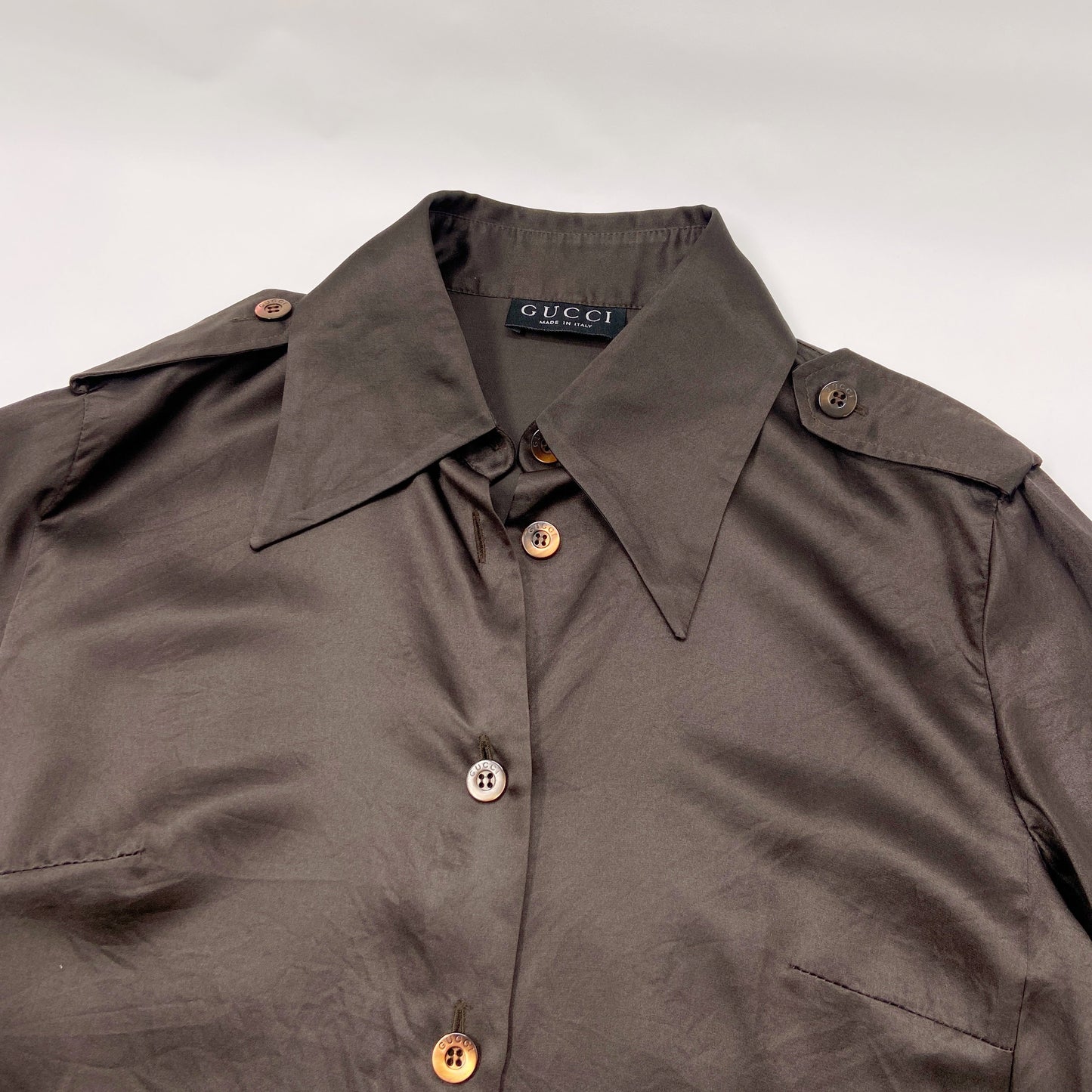 Gucci Fall 1996 Iconic Tom Ford Epaulette Brown Silk Shirt 40