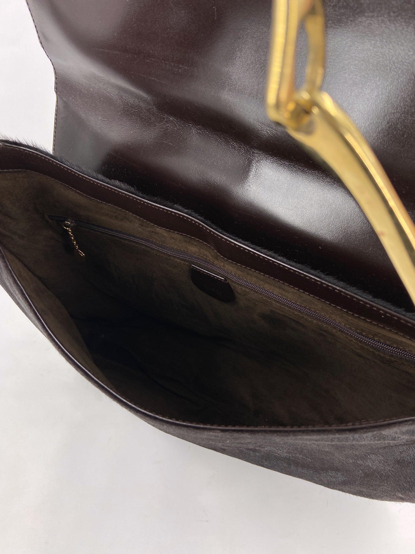 Gucci Fall 1996 Tom Ford Gold Horsebit Brown Pony Hair Shoulder Bag