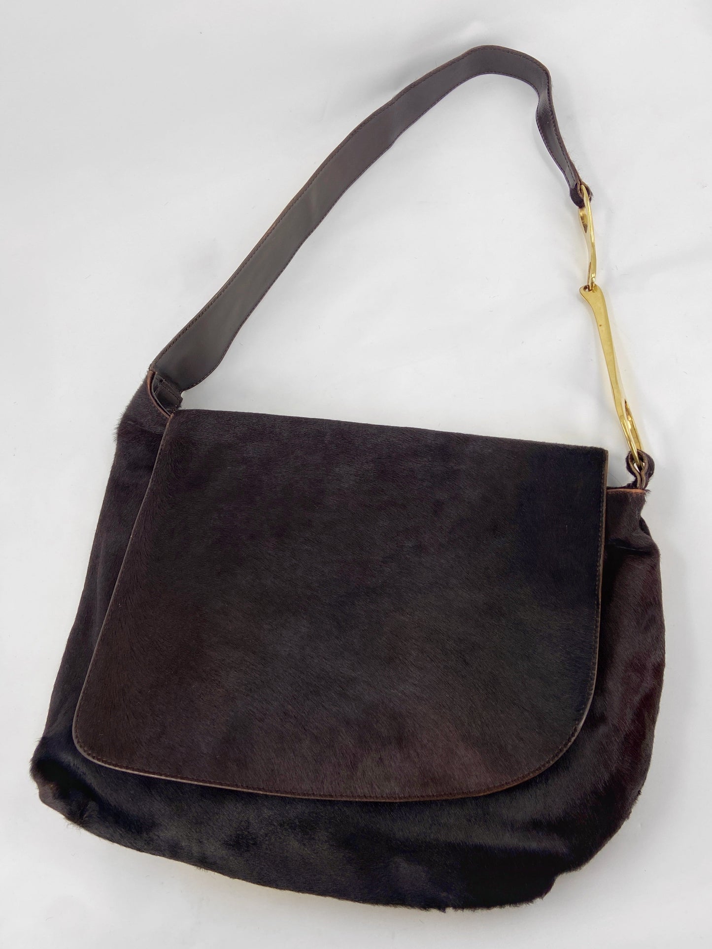 Gucci Fall 1996 Tom Ford Gold Horsebit Brown Pony Hair Shoulder Bag