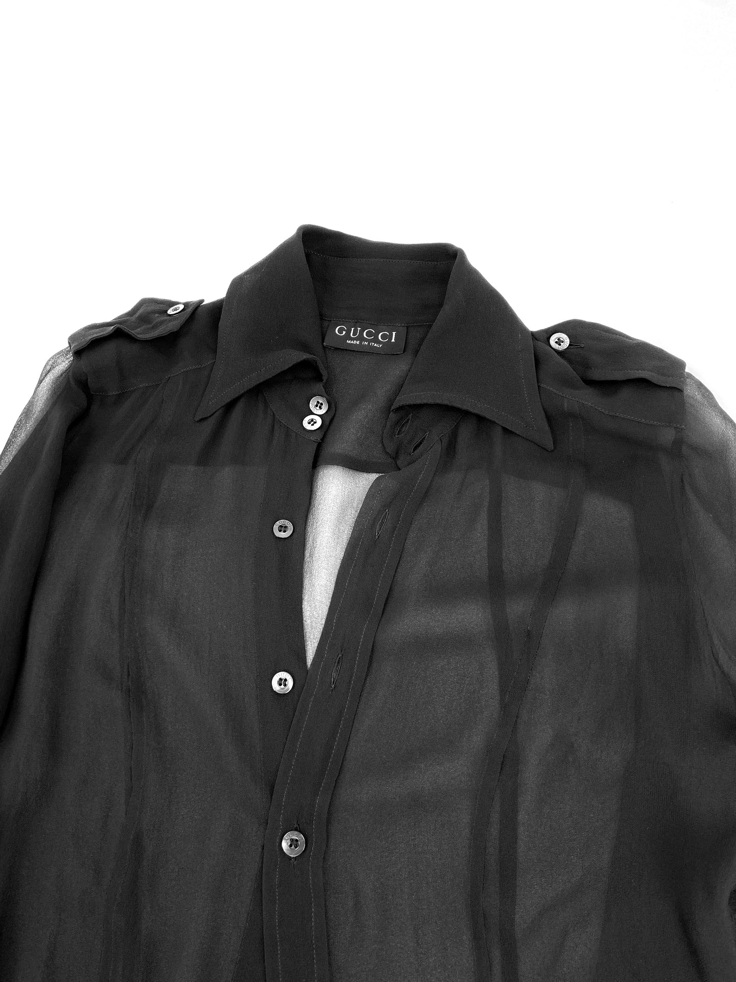 Gucci Fall 1996 Tom Ford Iconic Sheer Silk Shirt with Epaulettes 40