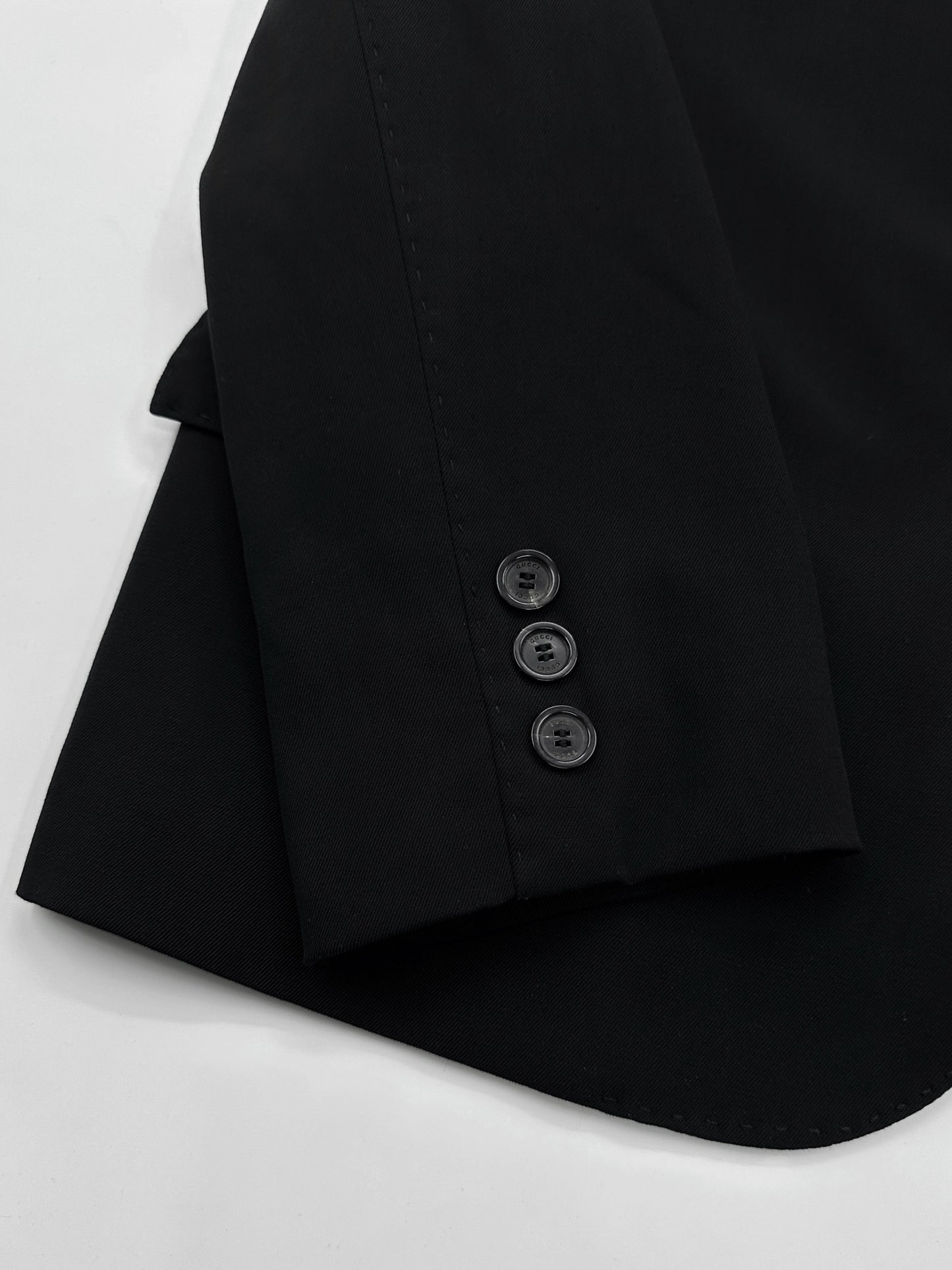 Gucci Fall 2001 Tom Ford 3-Buttoned Black Laine Wool Blazer Jacket Skirt Set 42&38