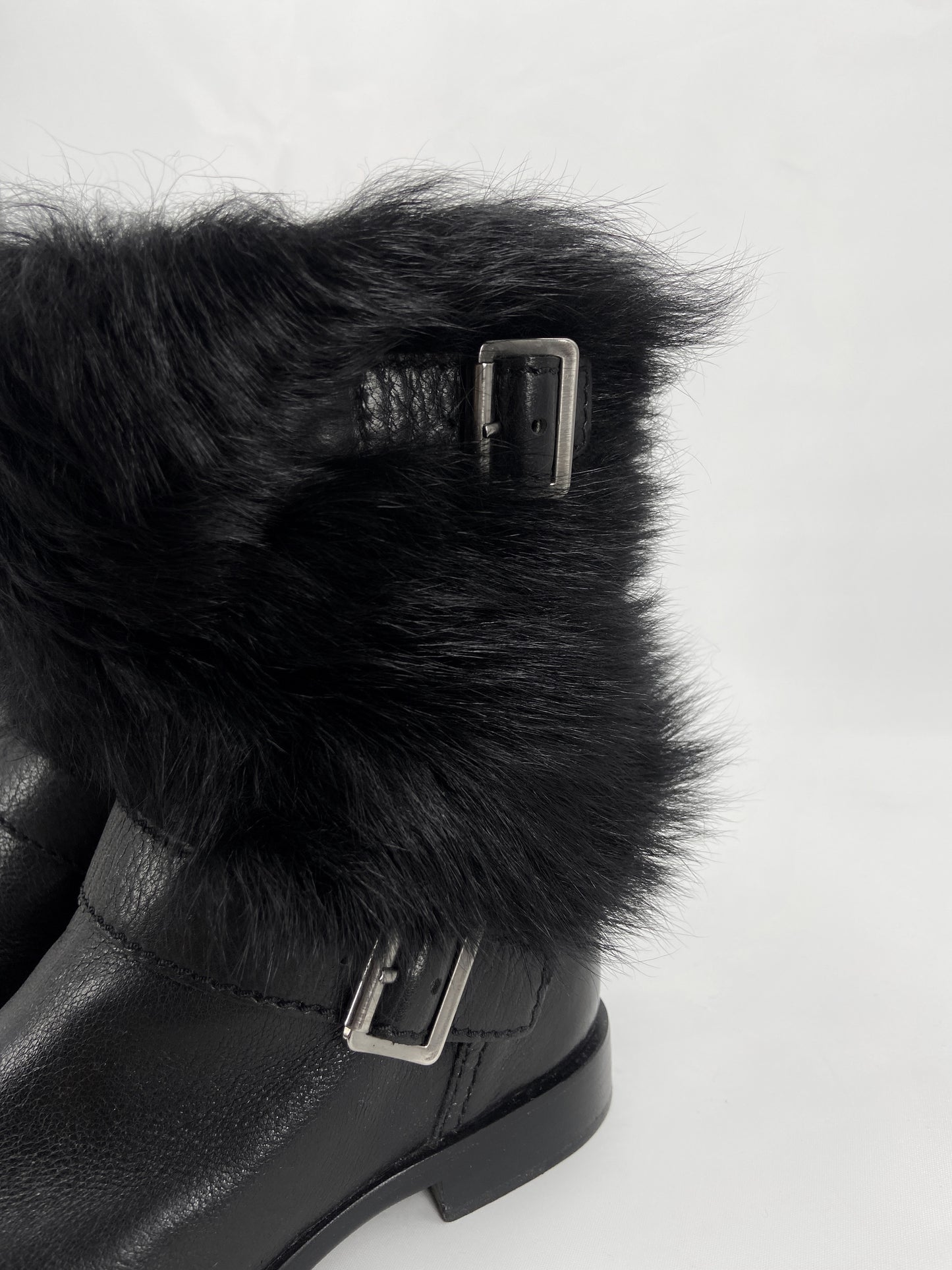 Prada Shearling Fur Buckle Strap Ankle Boots