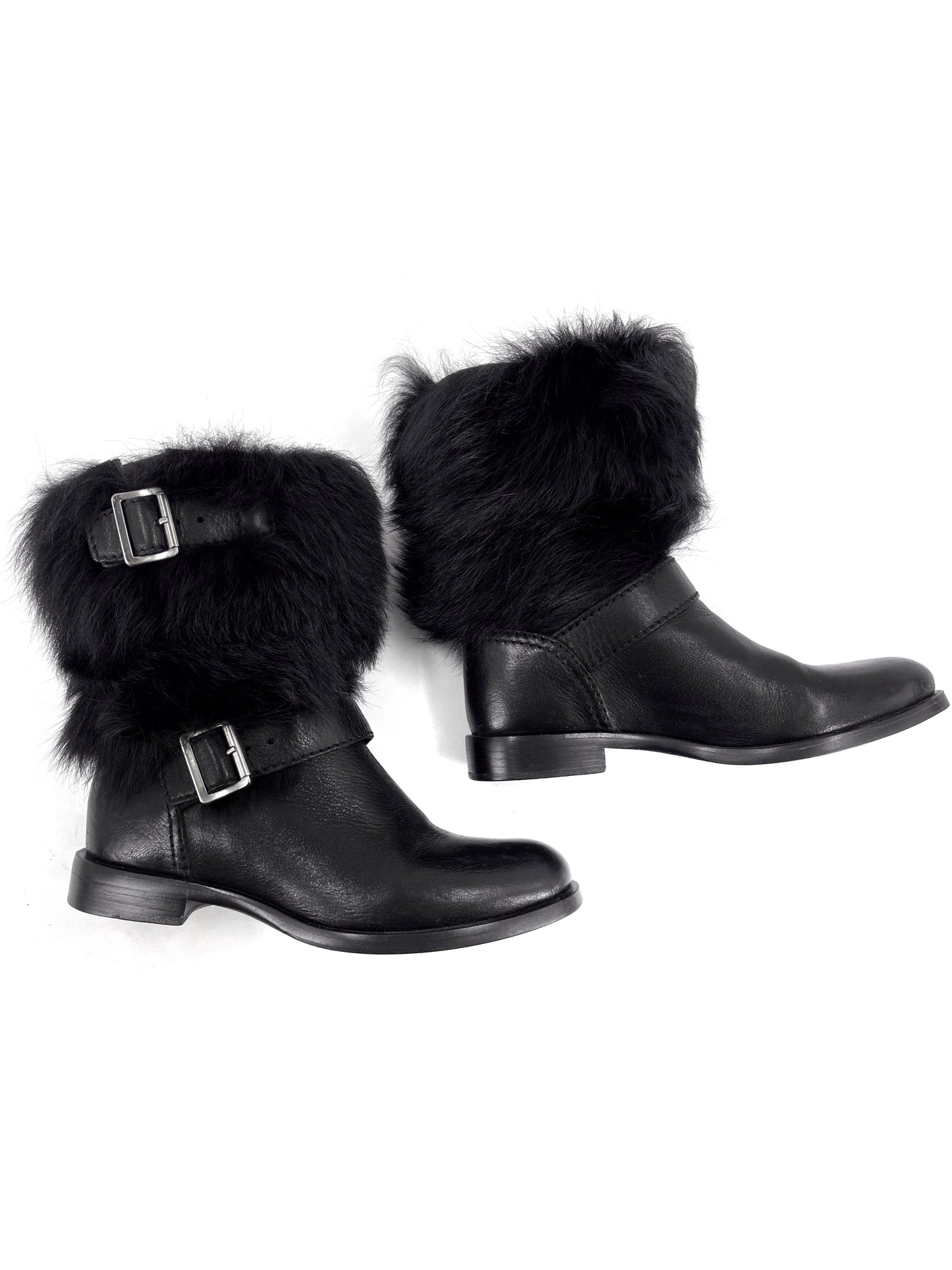 Prada Shearling Fur Buckle Strap Ankle Boots