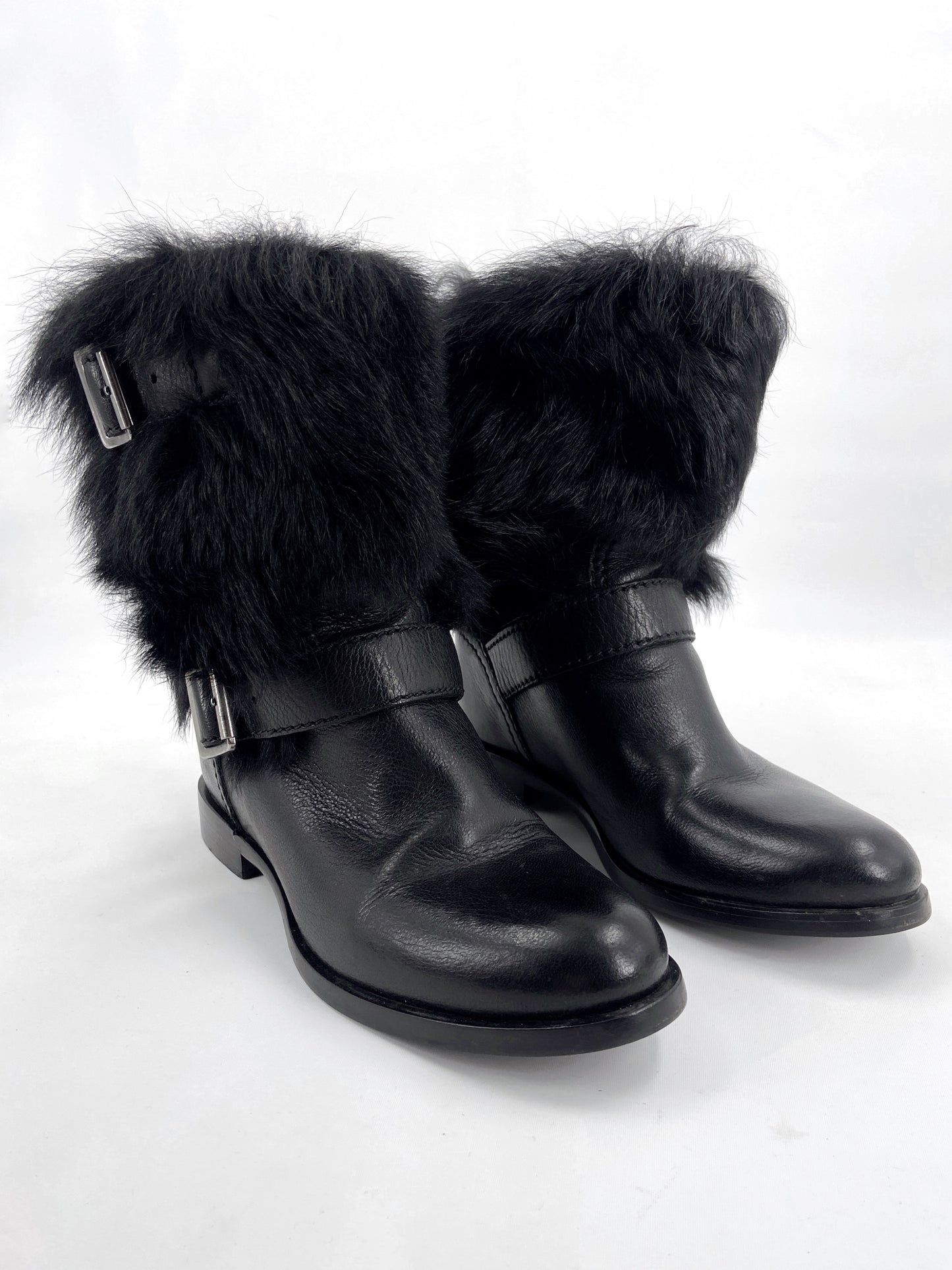 Prada Shearling Fur Buckle Strap Ankle Boots