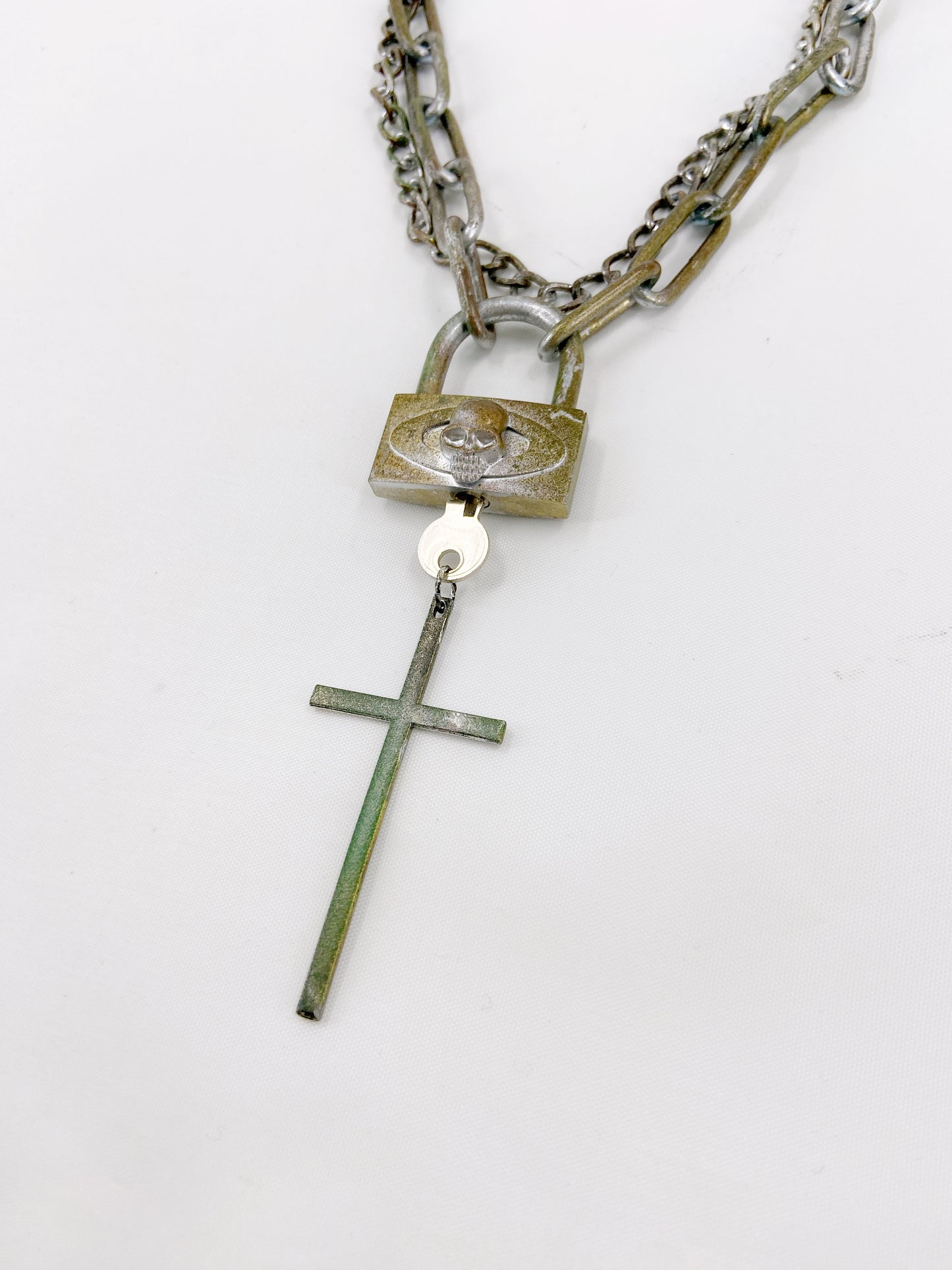 Jean Paul Gaultier 90s Sample Skull Lock Key Cross Double Chain Necklace