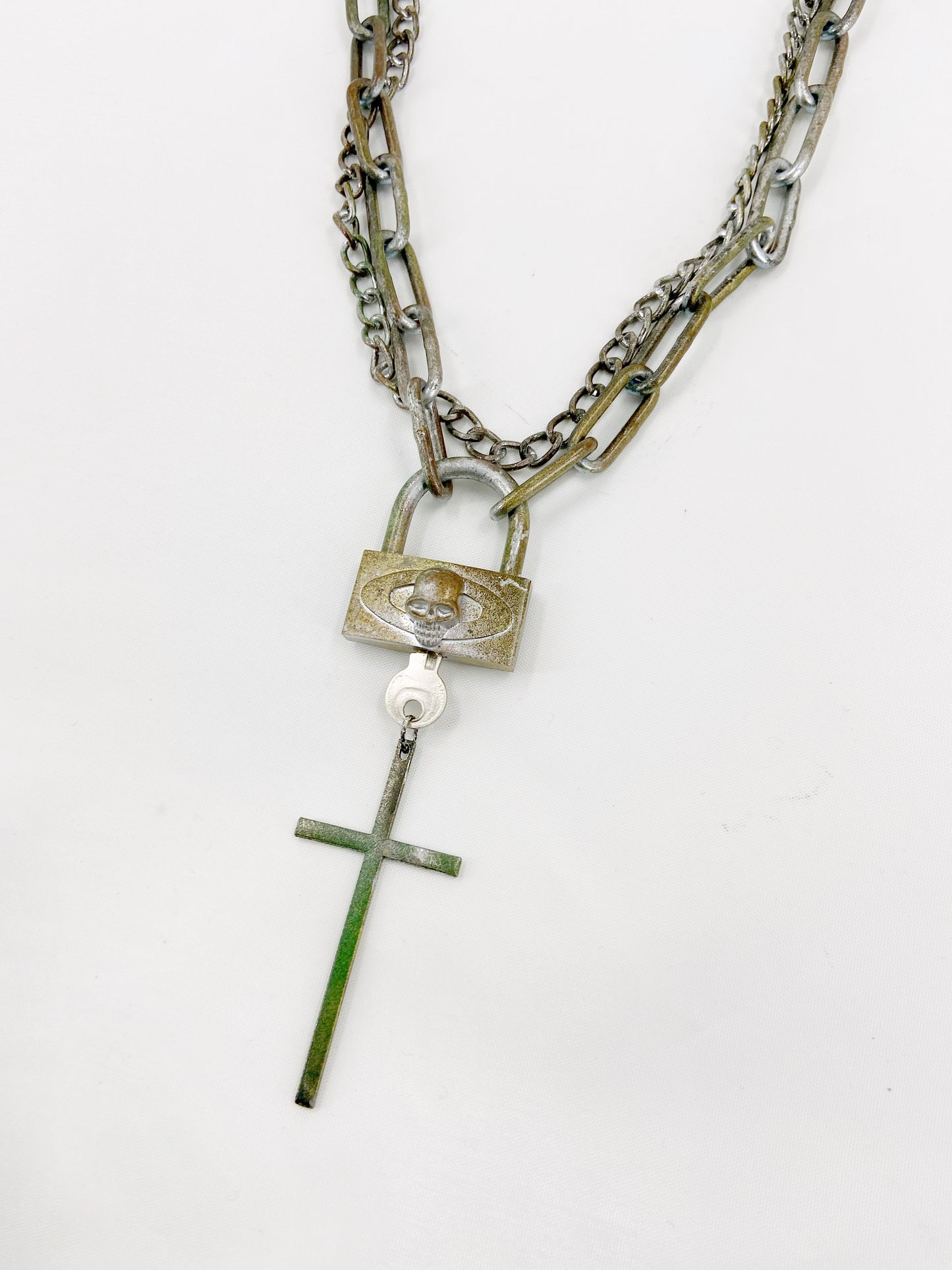 Jean Paul Gaultier 90s Sample Skull Lock Key Cross Double Chain Necklace