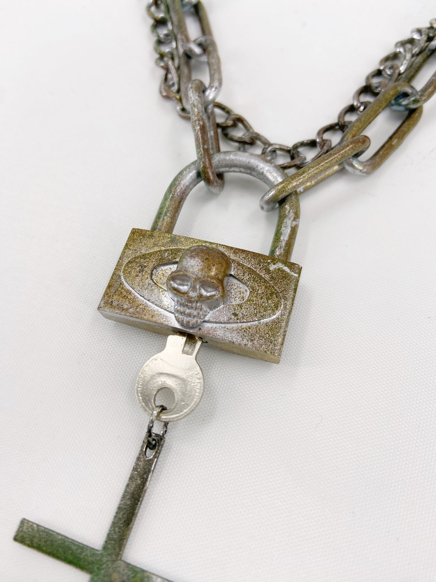 Jean Paul Gaultier 90s Sample Skull Lock Key Cross Double Chain Necklace