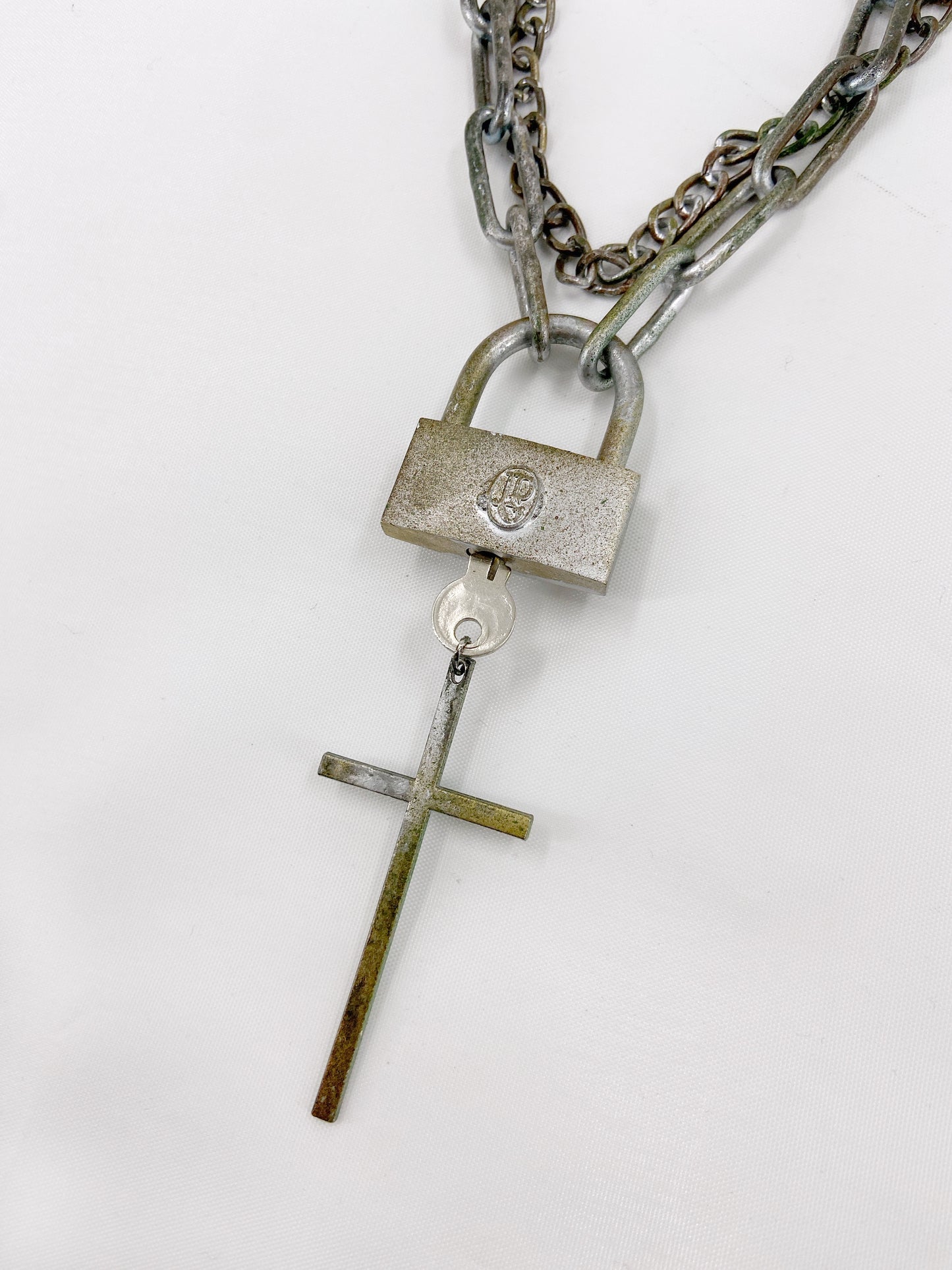 Jean Paul Gaultier 90s Sample Skull Lock Key Cross Double Chain Necklace