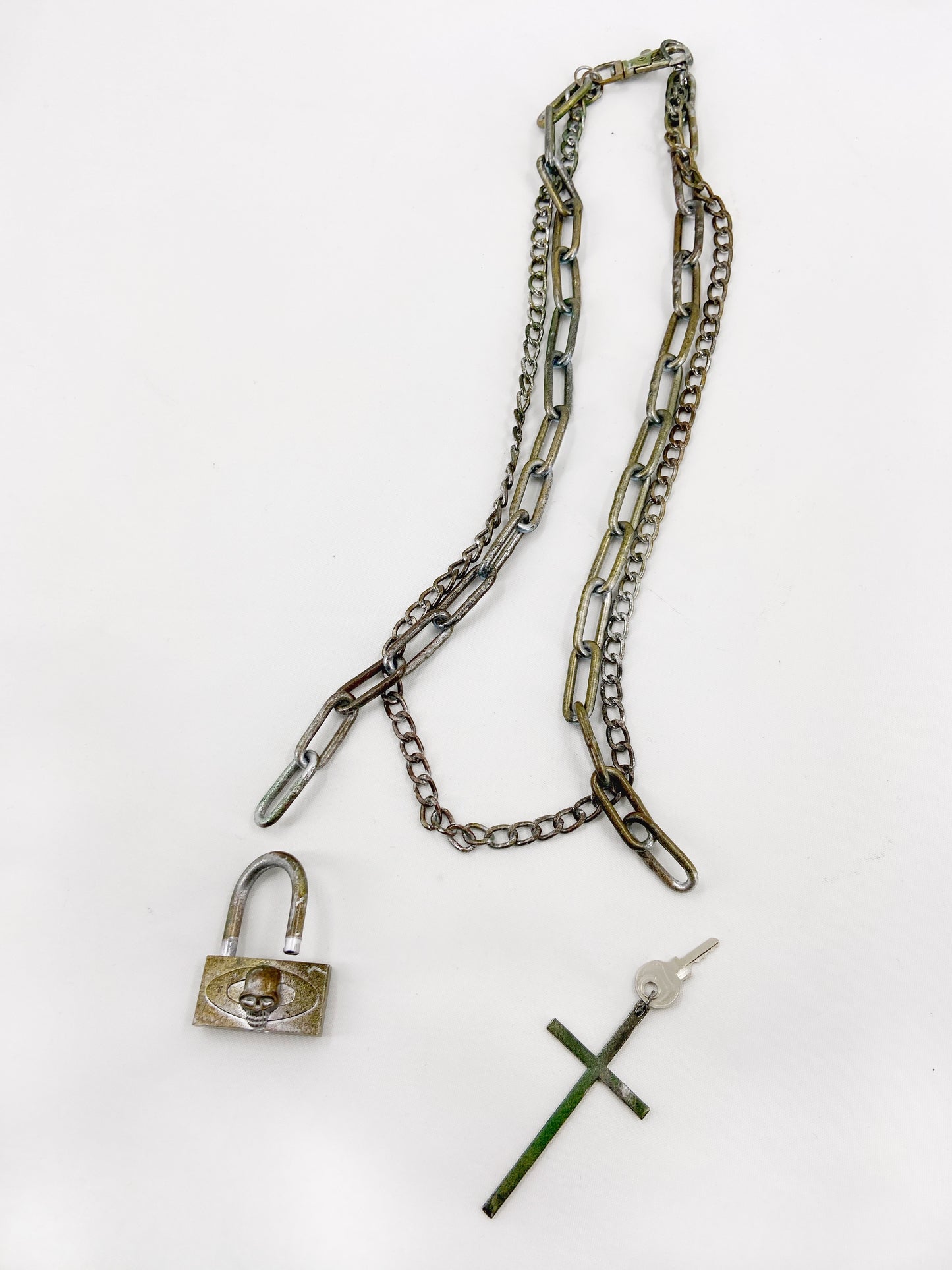 Jean Paul Gaultier 90s Sample Skull Lock Key Cross Double Chain Necklace