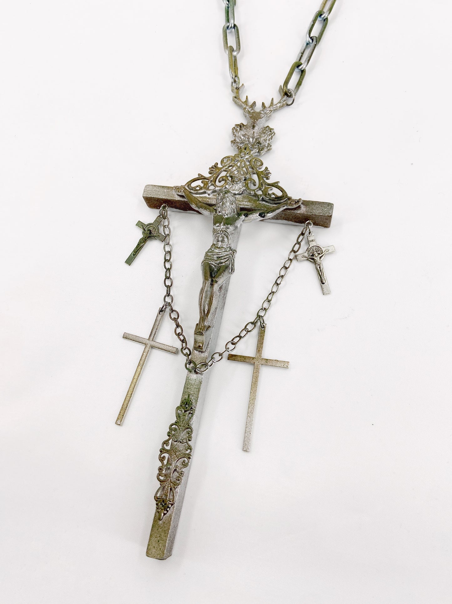 Jean Paul Gaultier 90S Sample 1/1 XXL Silver 5 Crucifix Cross Deer Chain Necklace