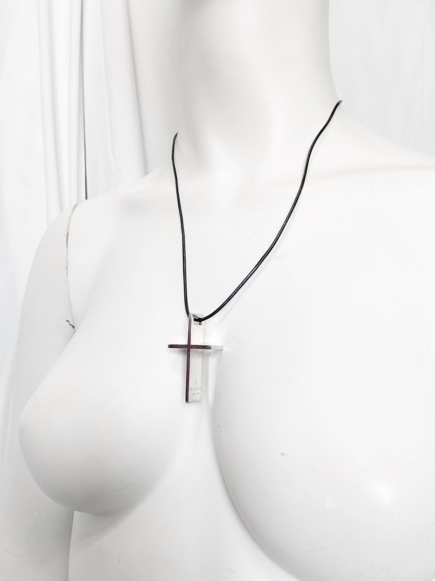 Gucci Fall 2002 3D 925 Sterling Silver Cross with Leather Strap