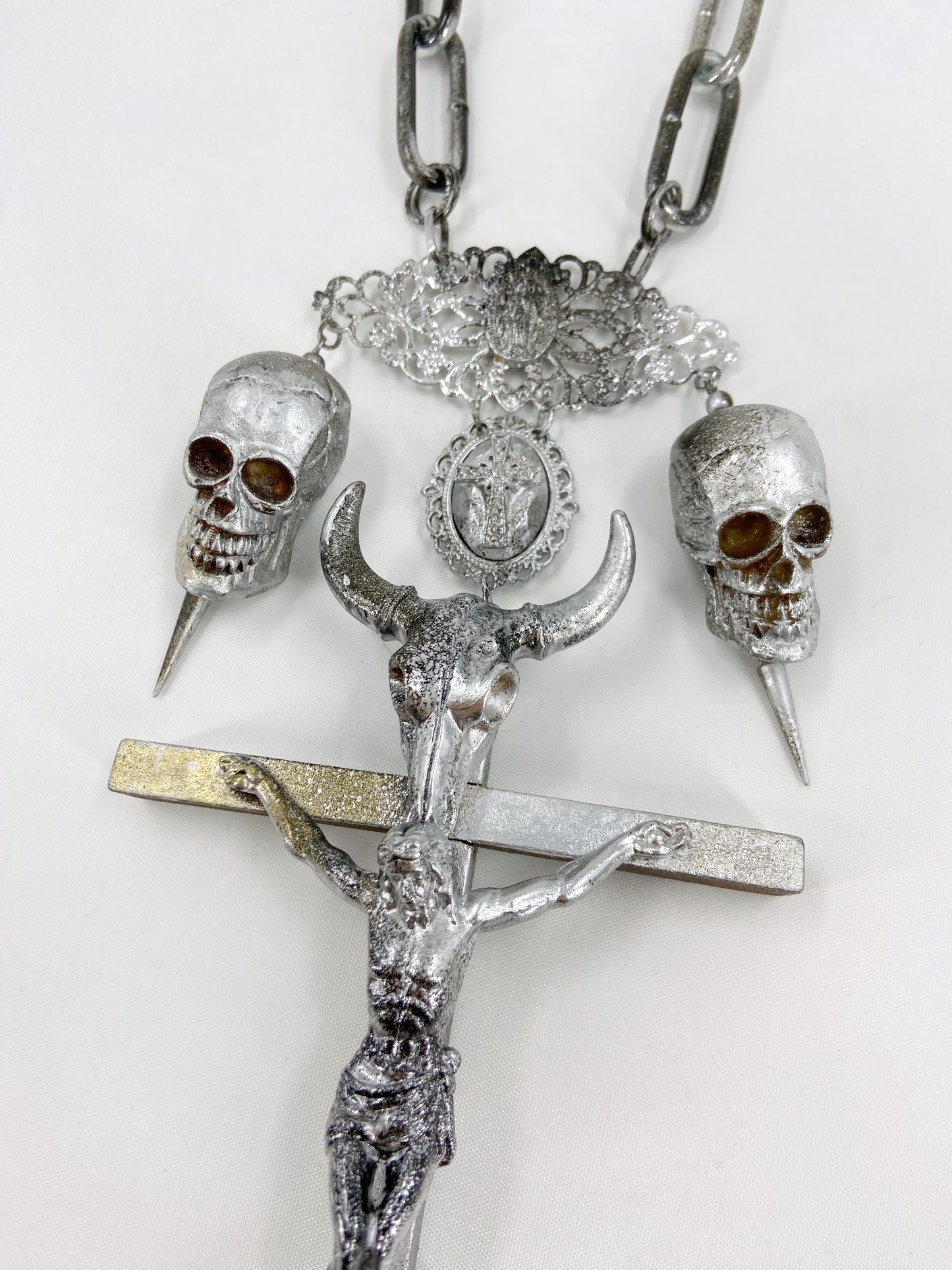 Jean Paul Gaultier 90S Sample 1/1 XXL Silver Crucifix Cross Bull Skull Spiked Chain Necklace