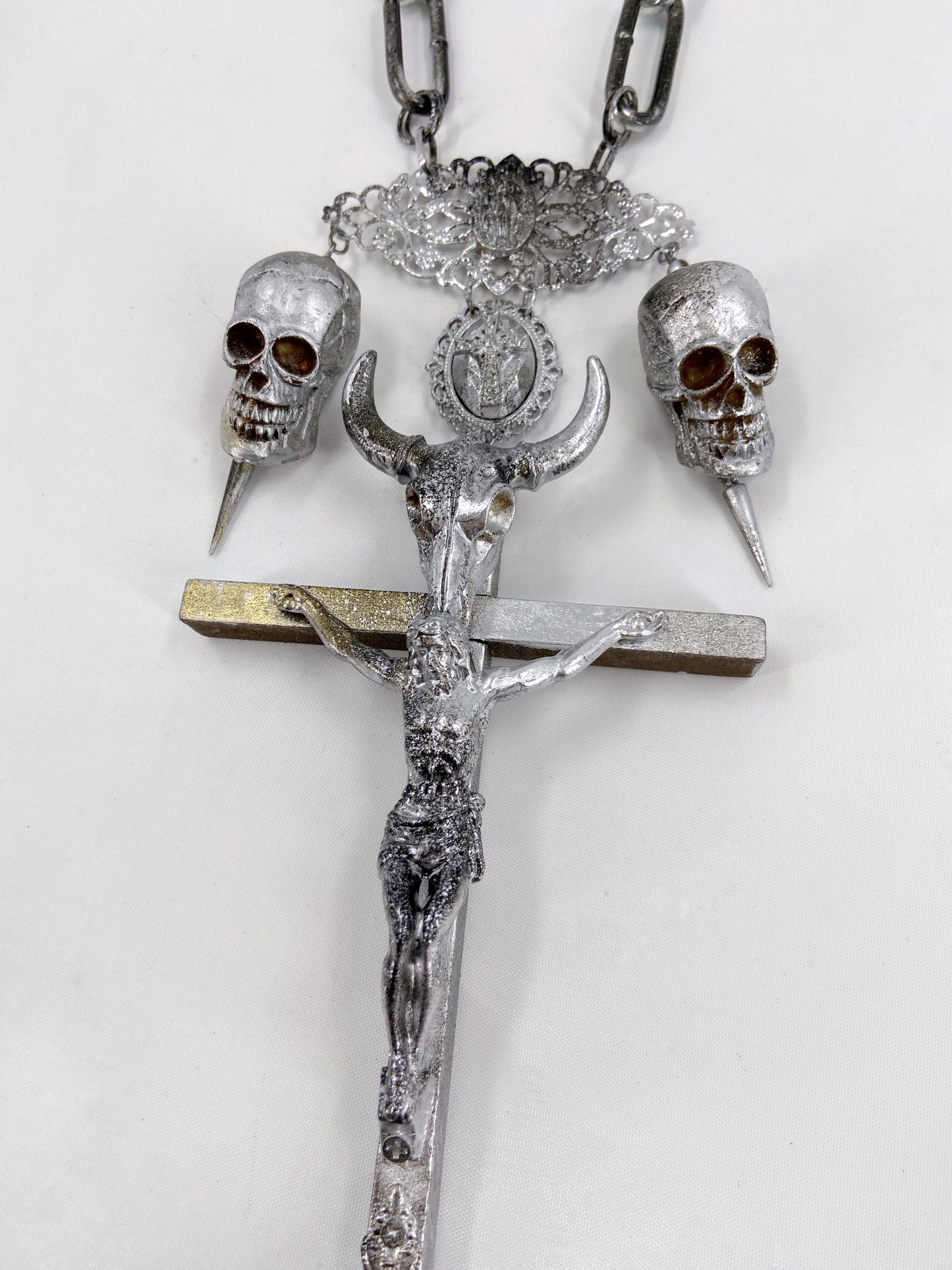 Jean Paul Gaultier 90S Sample 1/1 XXL Silver Crucifix Cross Bull Skull Spiked Chain Necklace