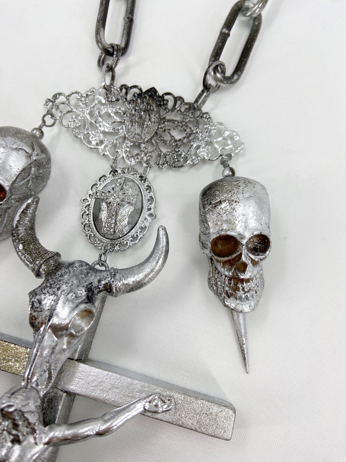 Jean Paul Gaultier 90S Sample 1/1 XXL Silver Crucifix Cross Bull Skull Spiked Chain Necklace