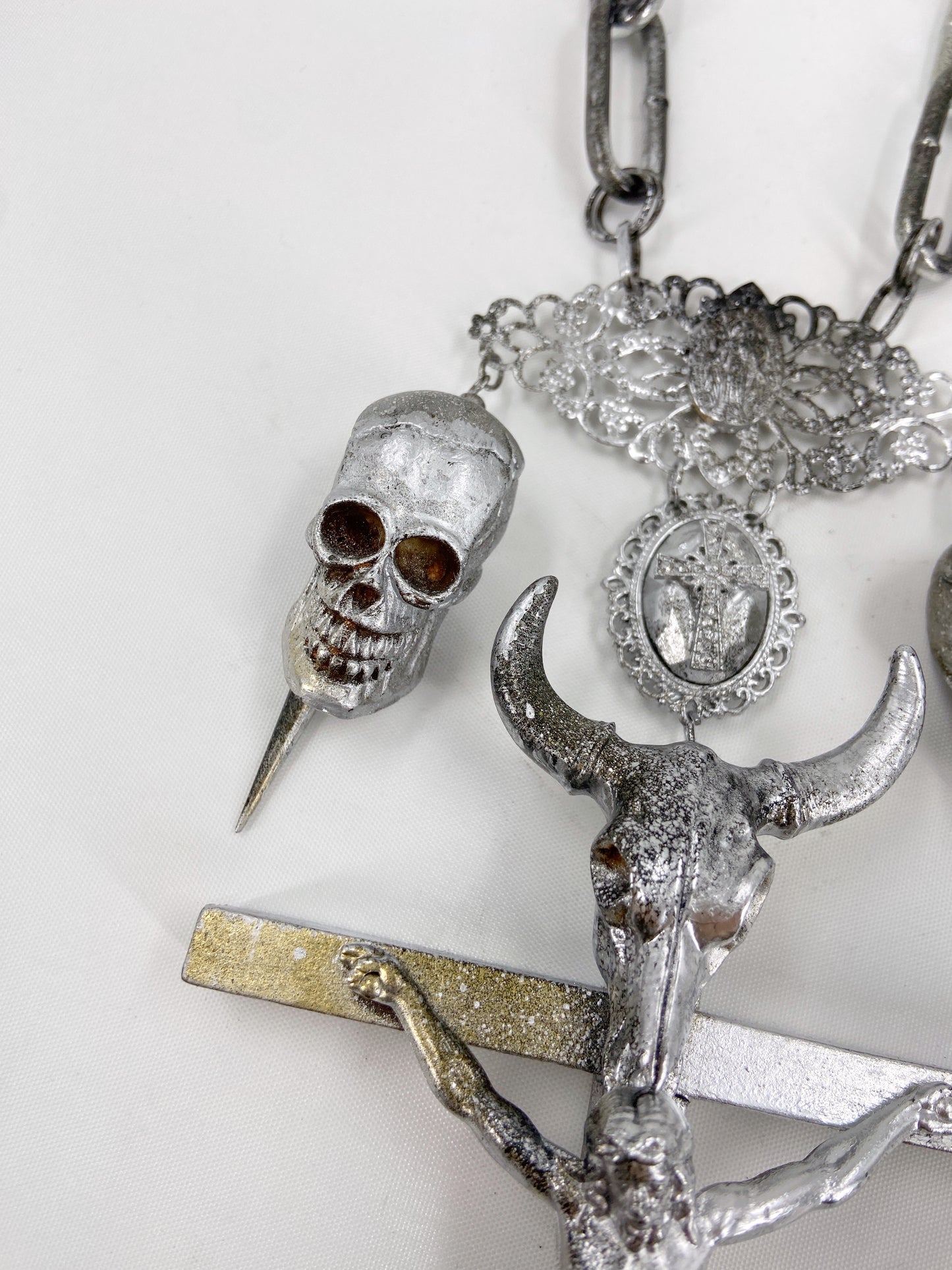 Jean Paul Gaultier 90S Sample 1/1 XXL Silver Crucifix Cross Bull Skull Spiked Chain Necklace