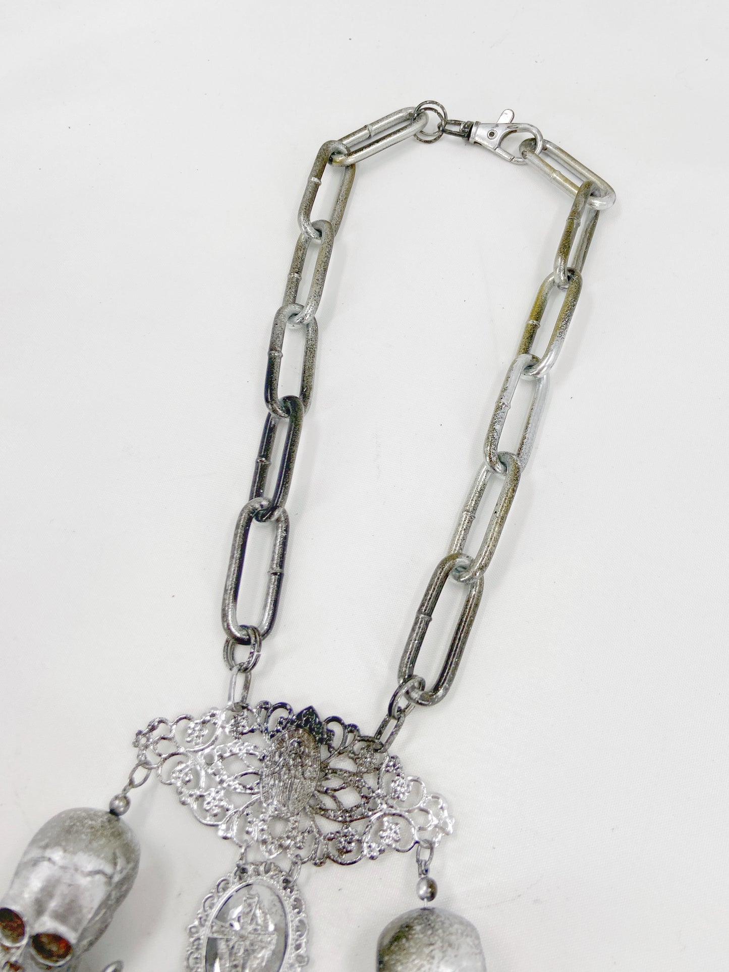 Jean Paul Gaultier 90S Sample 1/1 XXL Silver Crucifix Cross Bull Skull Spiked Chain Necklace