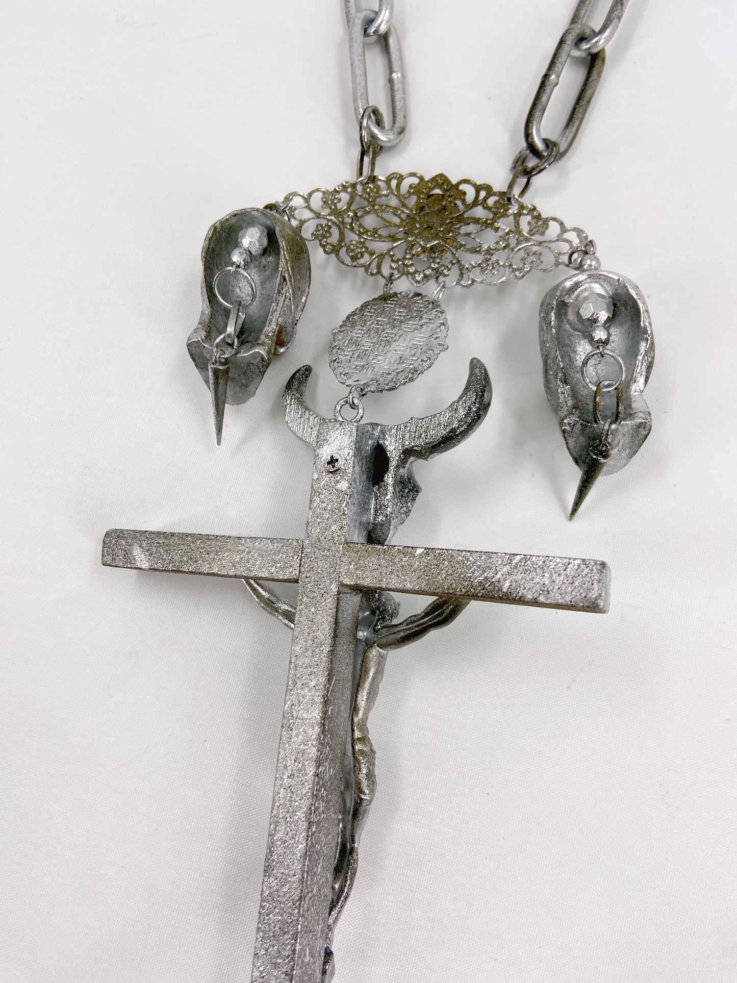 Jean Paul Gaultier 90S Sample 1/1 XXL Silver Crucifix Cross Bull Skull Spiked Chain Necklace