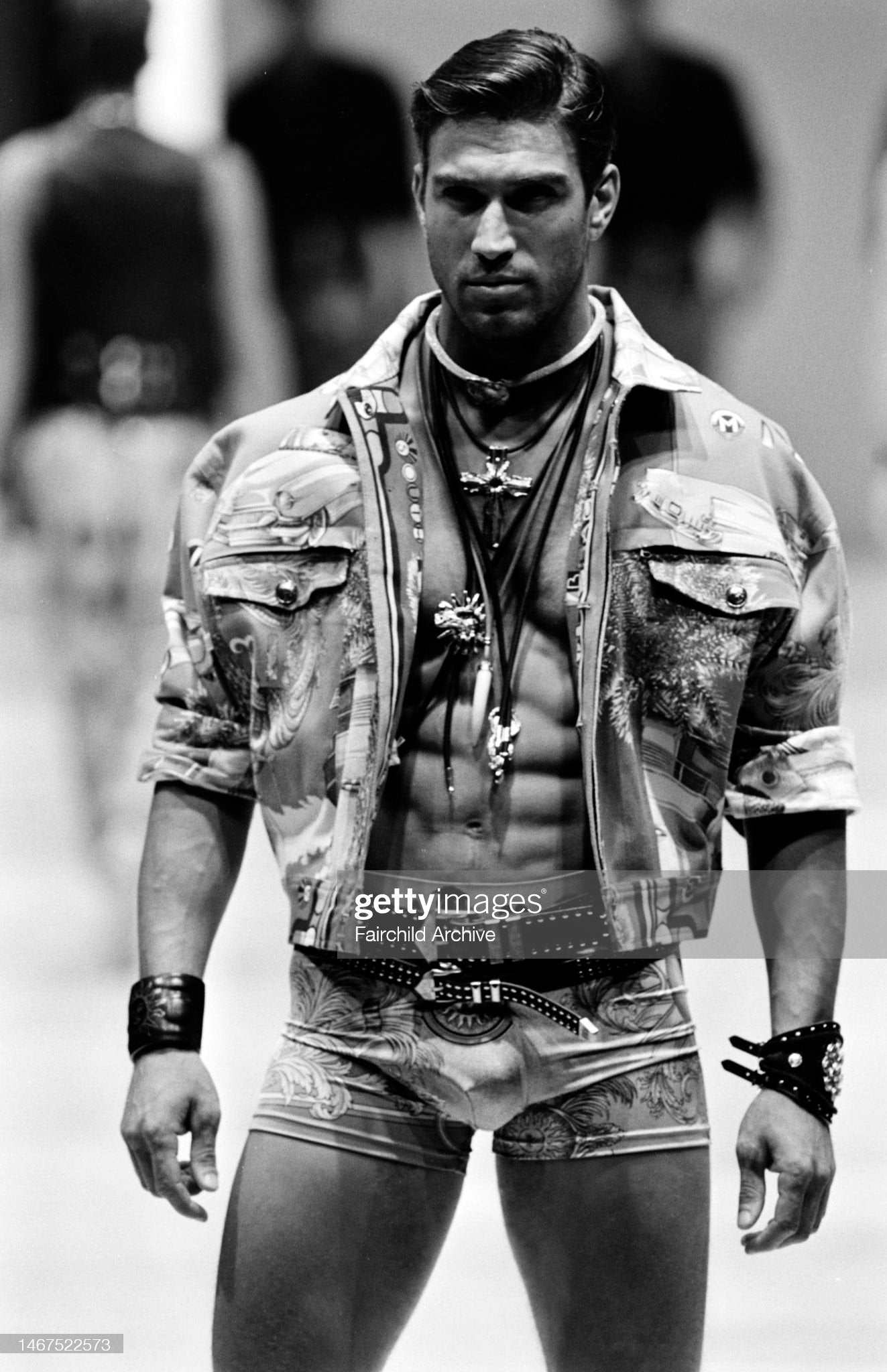 Gianni Versace Sping 1993 Statement Black Gem Giant Gold Cross Necklace with Leather Strap