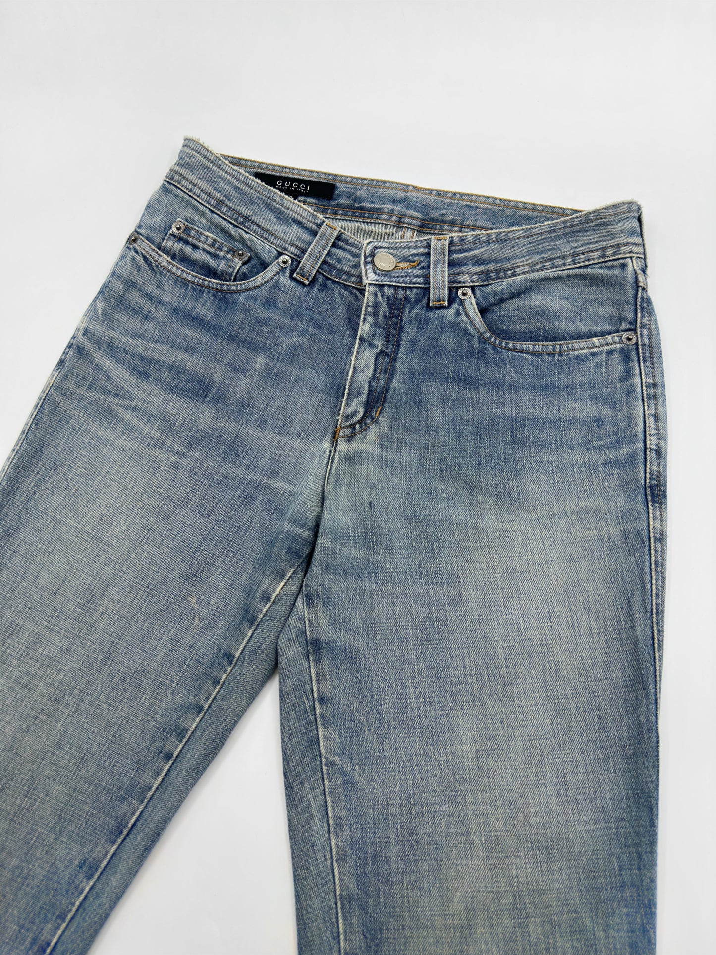 Gucci Fall 2001 Tom Ford “G” Cursive Embroidery Light Blue Washed Jeans 40