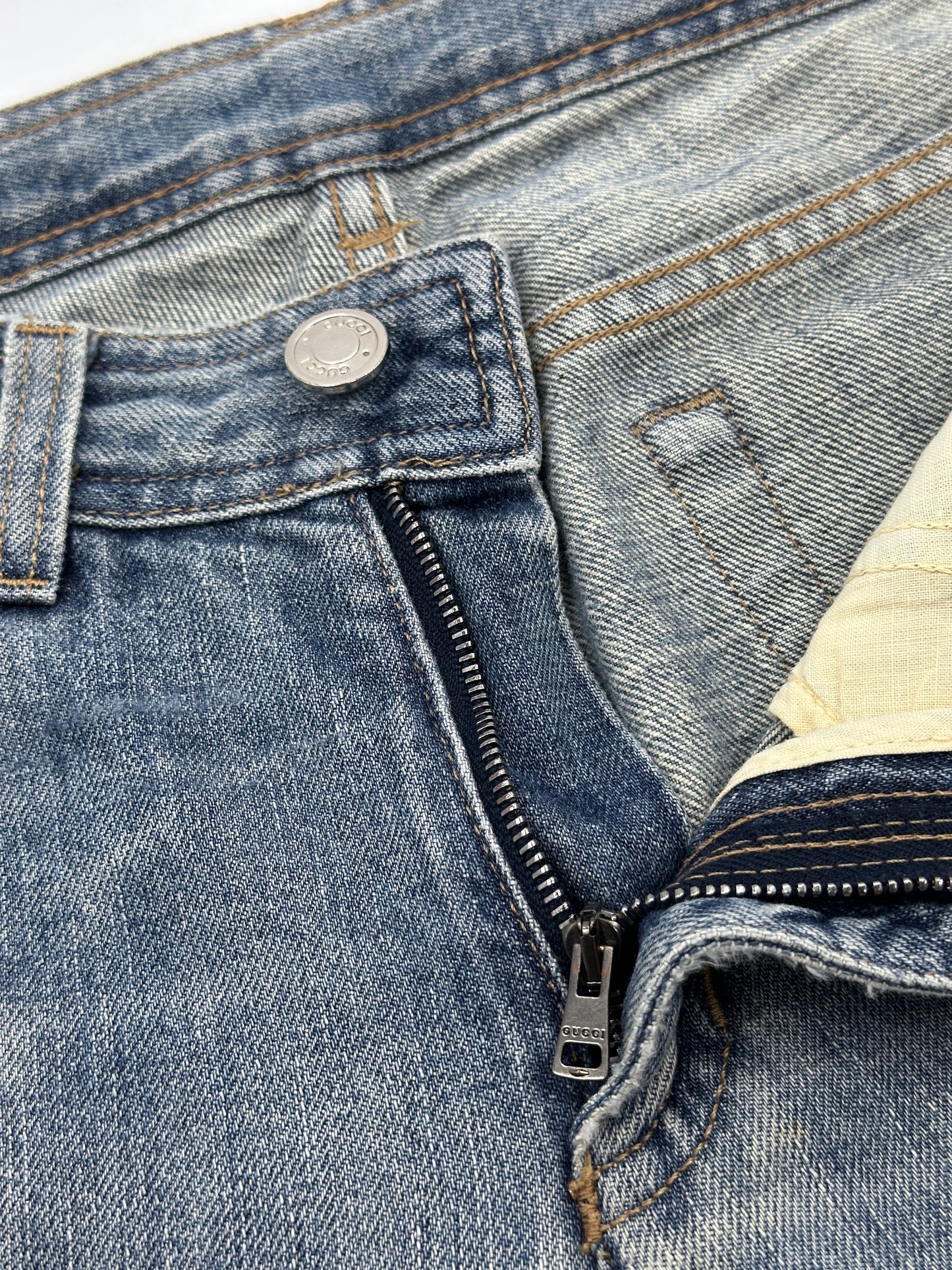 Gucci Fall 2001 Tom Ford “G” Cursive Embroidery Light Blue Washed Jeans 40