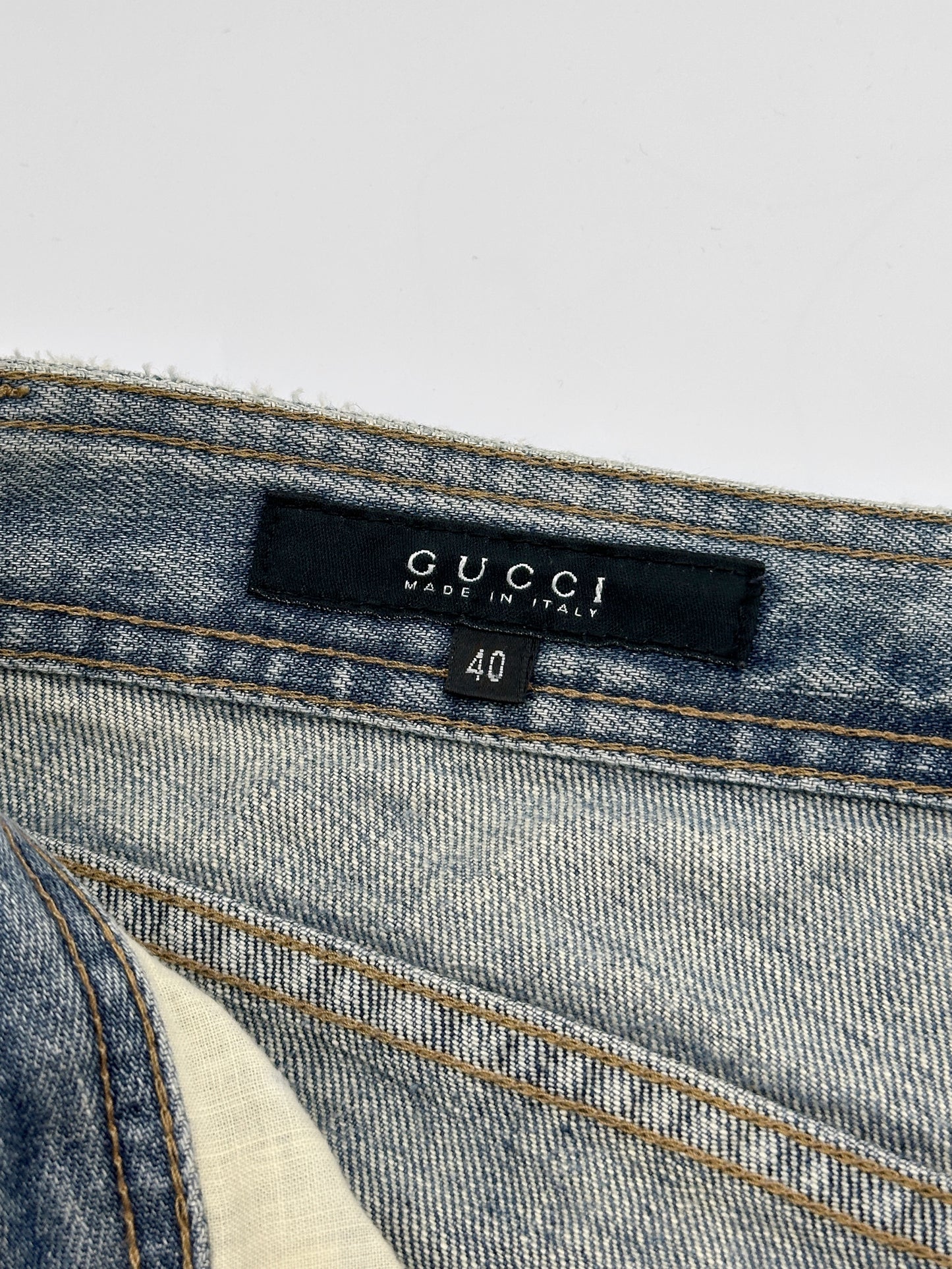 Gucci Fall 2001 Tom Ford “G” Cursive Embroidery Light Blue Washed Jeans 40