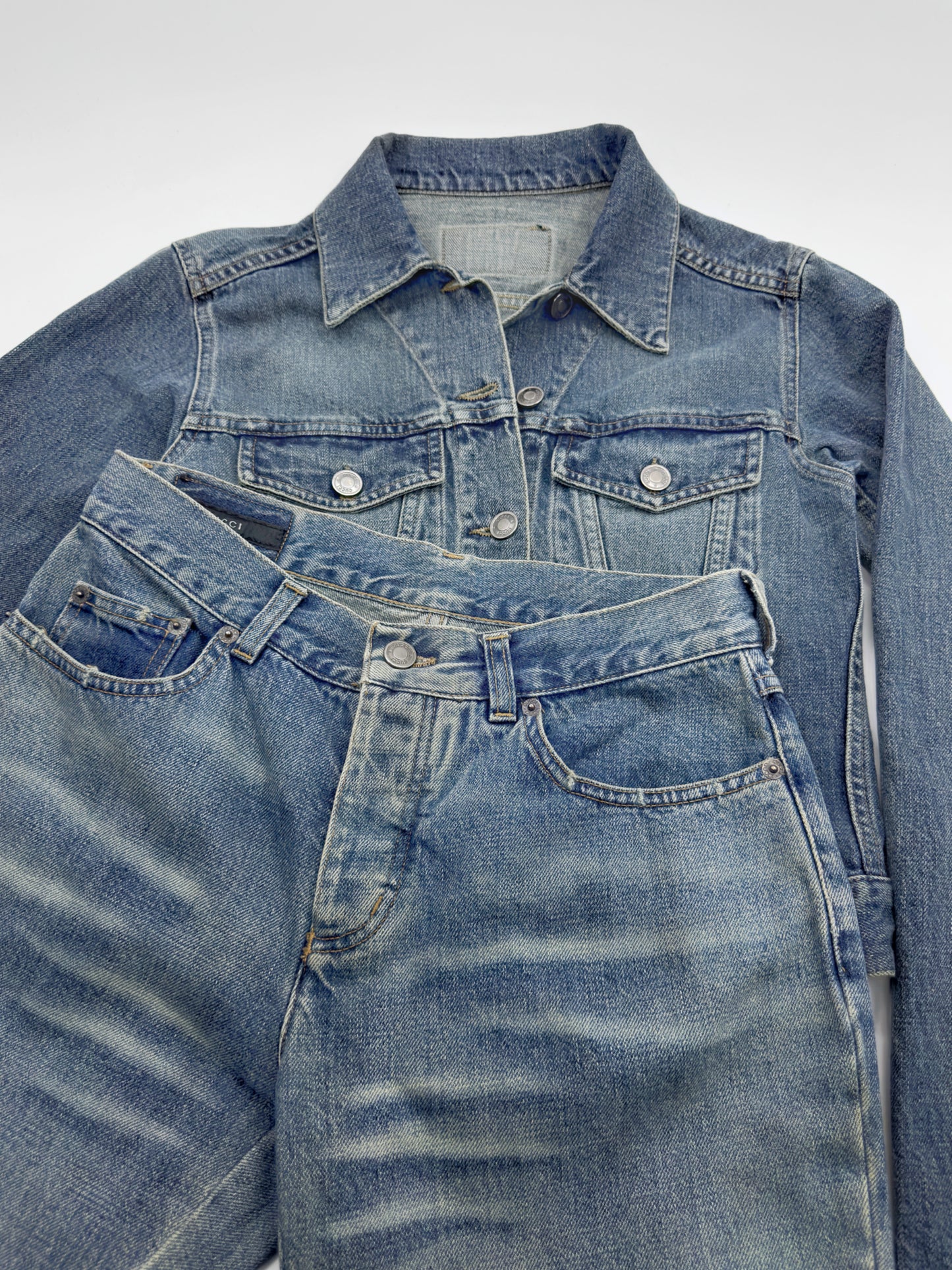 Gucci Spring 2001 Tom Ford Light Blue Denim Cropped Jacket Jeans Set 38