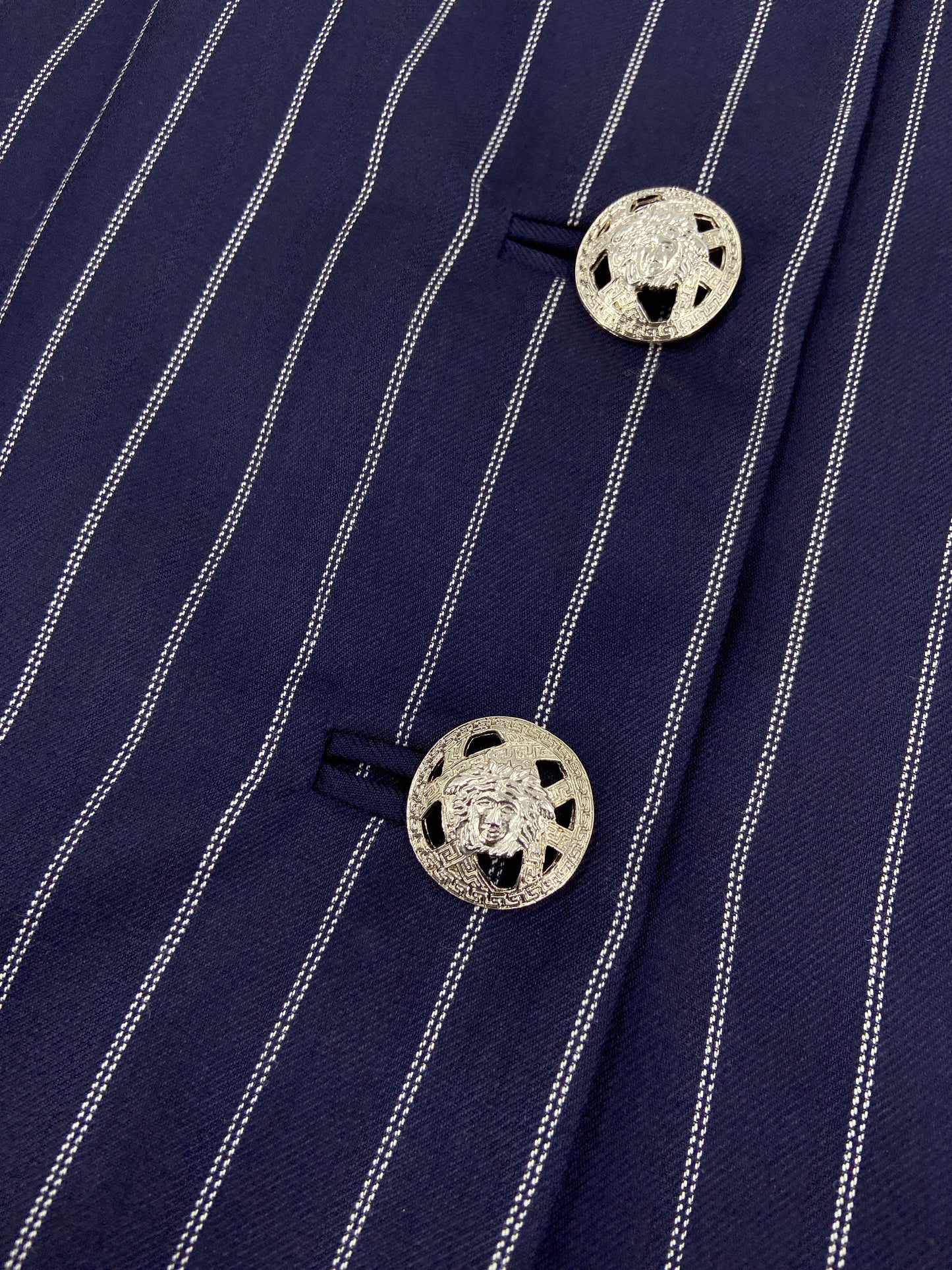 Gianni Versace Spring 1995 Navy Double Pinstriped Wrap Skirt Suit 42