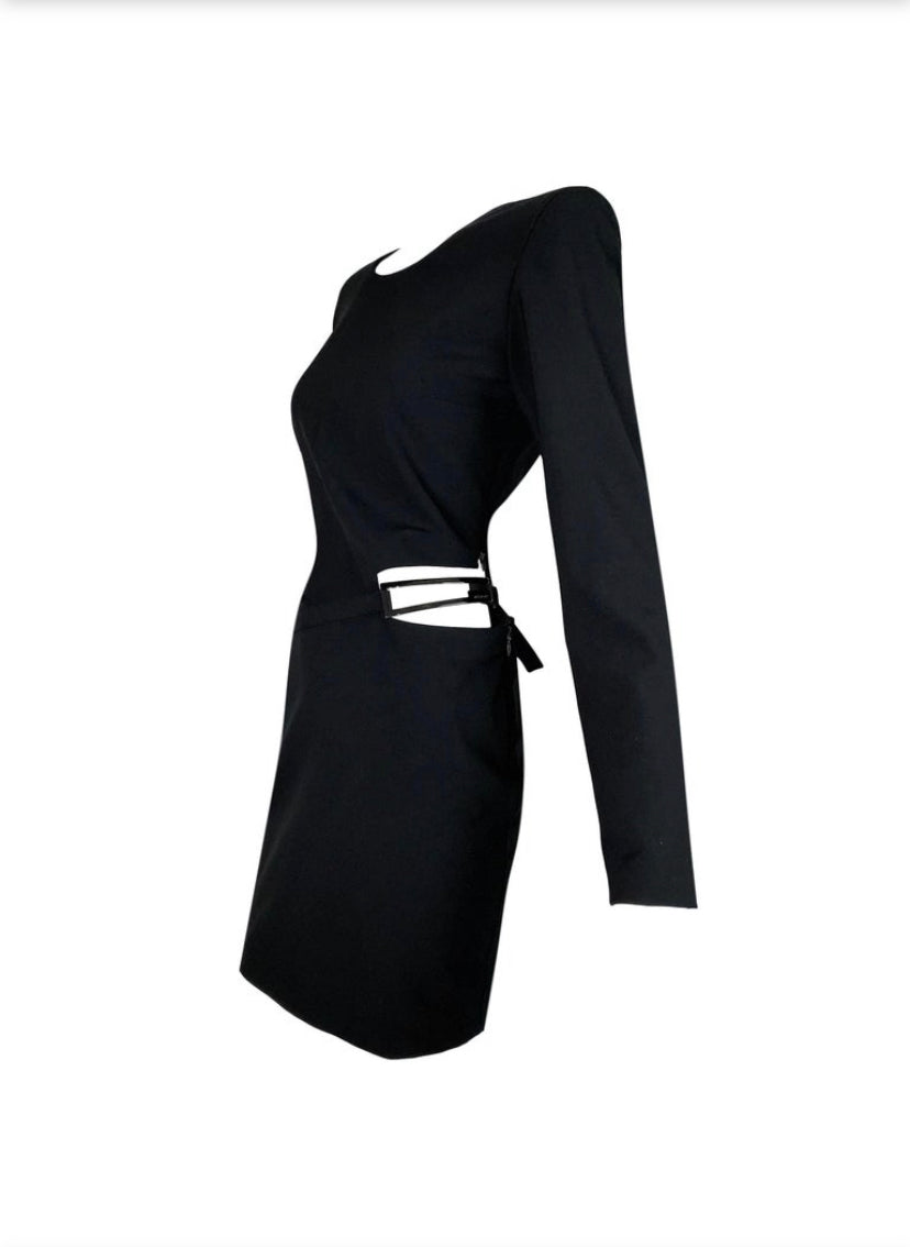 Gucci Tom Ford Spring 1998 black Cut Out Logo Belt Long Sleeve Dress 1996