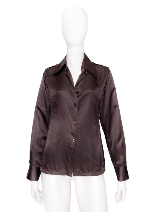 Gucci Fall 1996 Iconic Tom Ford Epaulette Brown Silk Shirt 40