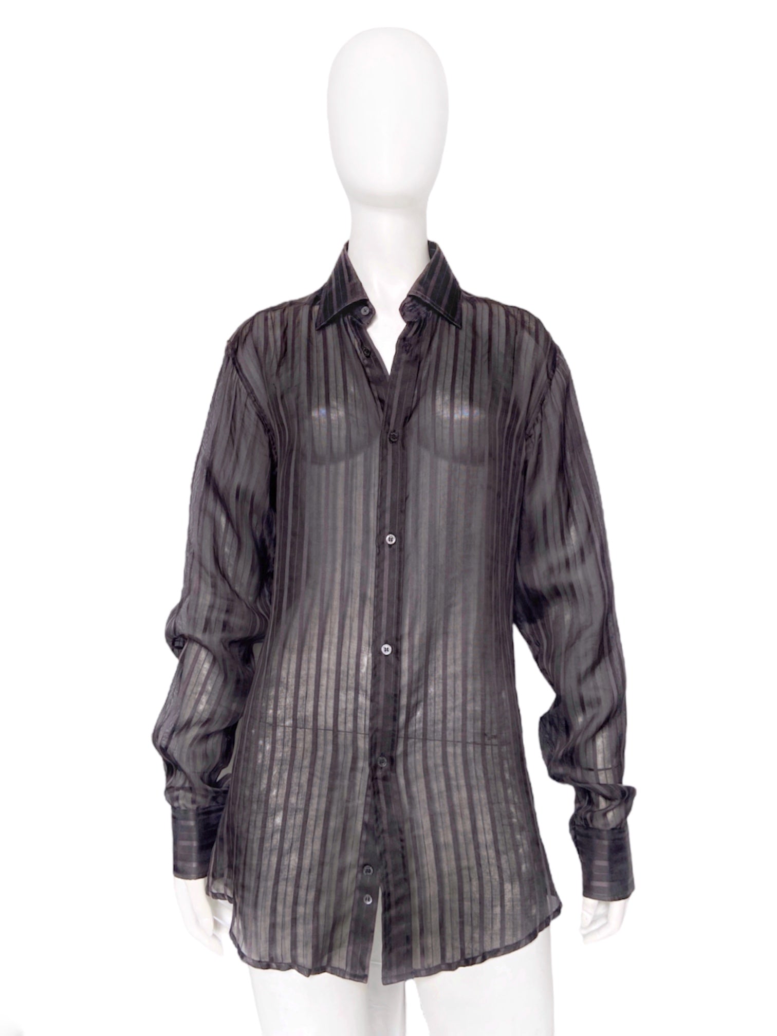 Gucci Spring 2003 Tom Ford Striped Sheer Silk Button Dress Shirt Dusty Archive Gucci Spring 2003 Tom Ford Striped Sheer Silk Button Dress Shirt Dusty Archive