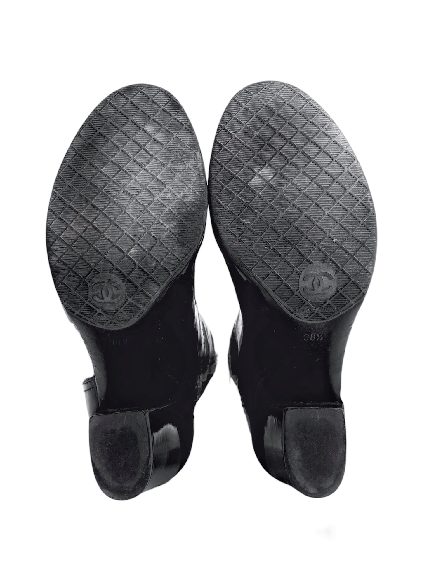 Chanel 90s Karl Lagerfeld Logo Fur Lined Patent Leather Long Boot 38.5