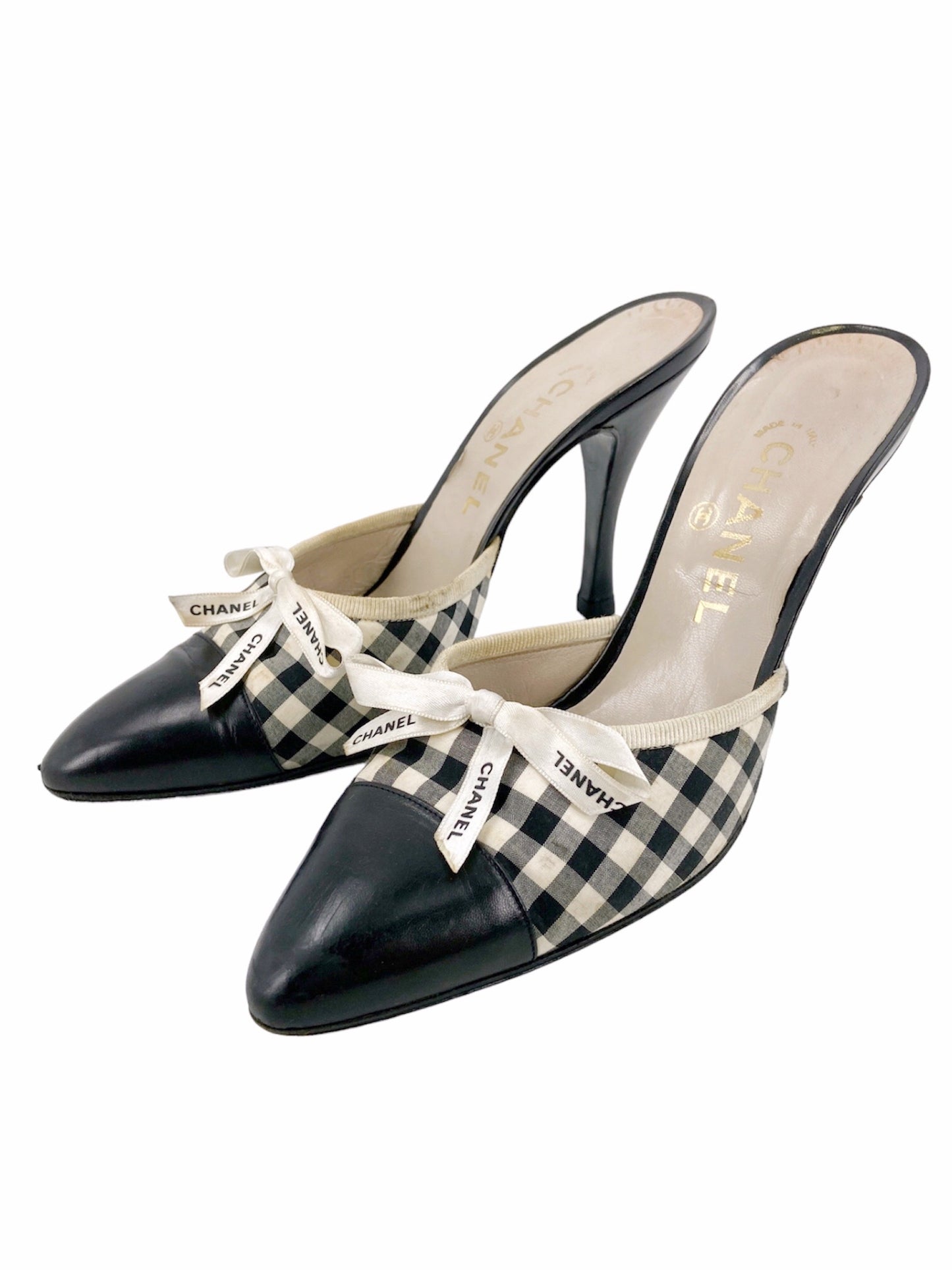 Chanel 1995 Karl Lagerfeld Checkered Ribbon Mules Heels 38.5