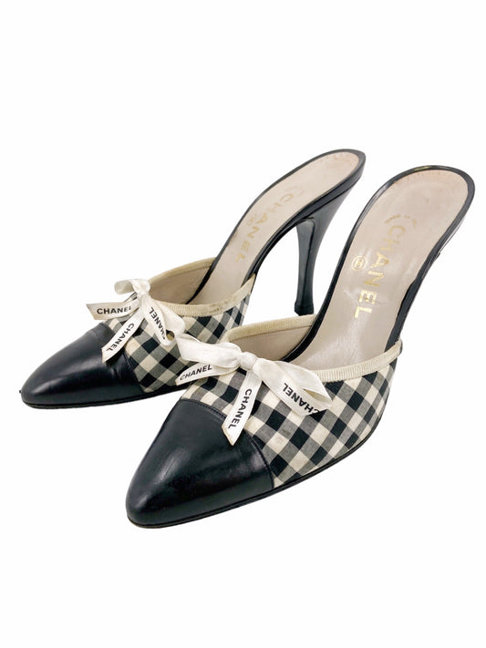 Chanel 1995 Karl Lagerfeld Checkered Ribbon Mules Heels 38.5