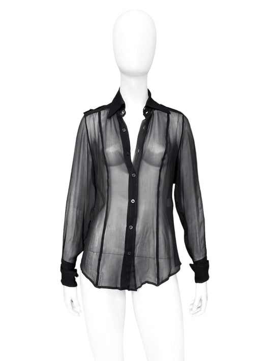 Gucci Fall 1996 Tom Ford Iconic Sheer Silk Shirt with Epaulettes 40