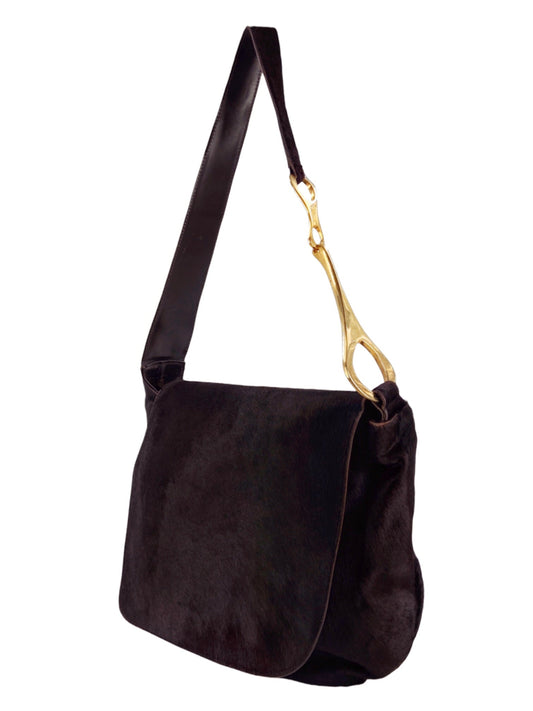 Gucci Fall 1996 Tom Ford Gold Horsebit Brown Pony Hair Shoulder Bag