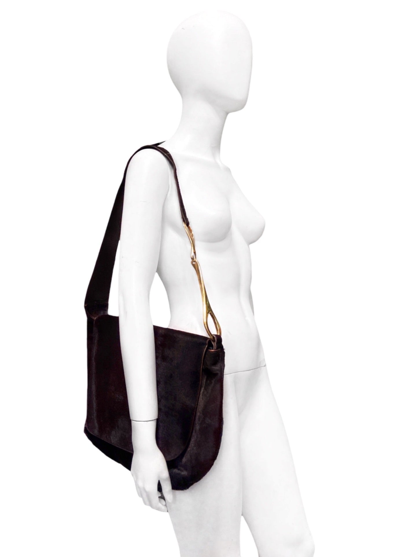 Gucci Fall 1996 Tom Ford Gold Horsebit Brown Pony Hair Shoulder Bag