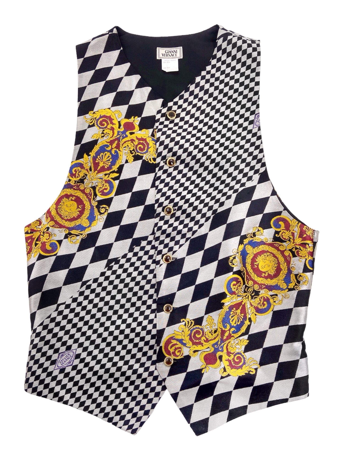 Gianni Versace Men’s Baroque Checkered Silk Waistcoat Vest 46
