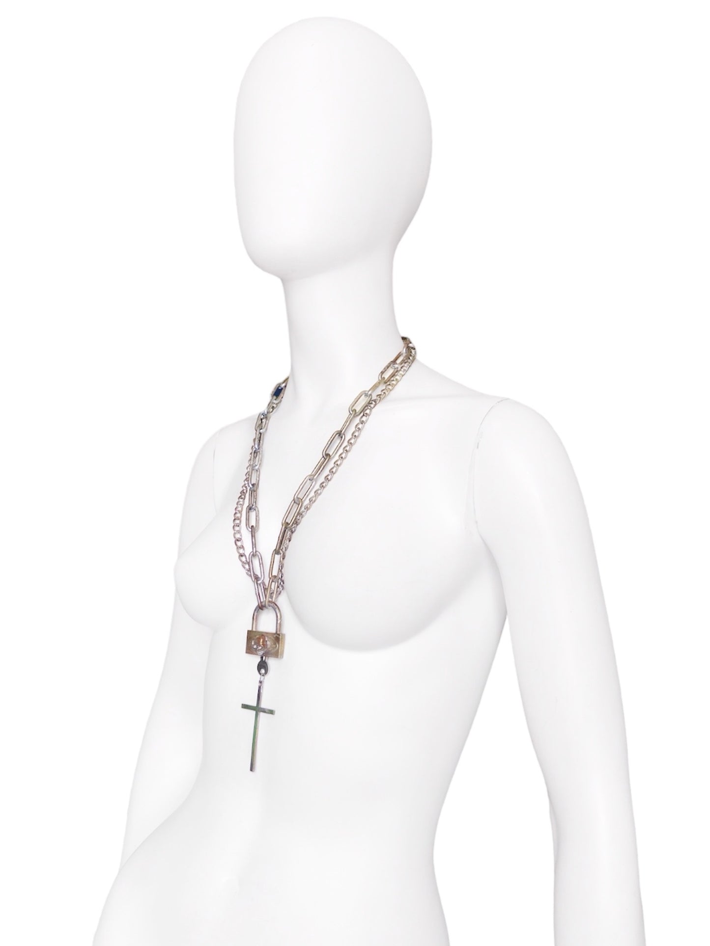 Jean Paul Gaultier 90s Sample Skull Lock Key Cross Double Chain Necklace