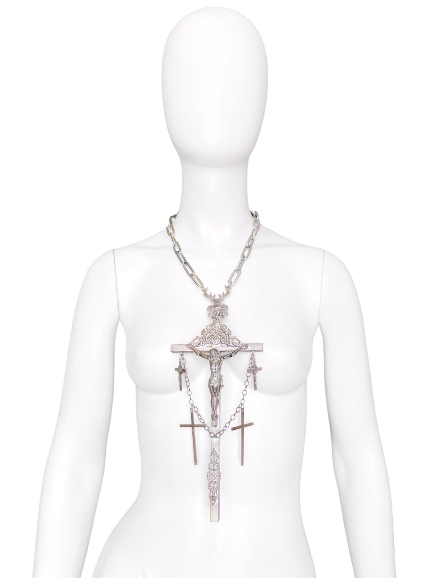 Jean Paul Gaultier 90S Sample 1/1 XXL Silver 5 Crucifix Cross Deer Chain Necklace