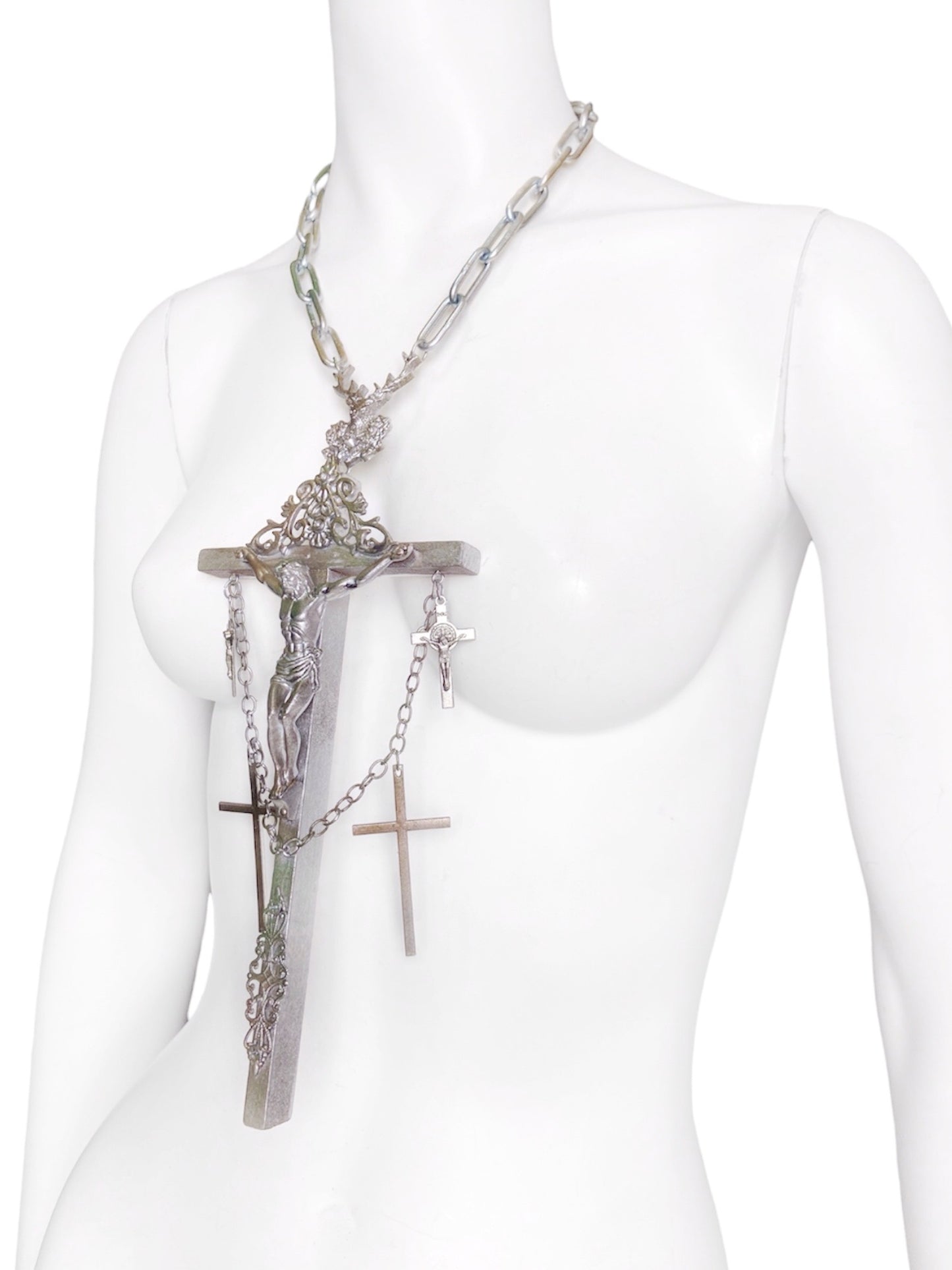 Jean Paul Gaultier 90S Sample 1/1 XXL Silver 5 Crucifix Cross Deer Chain Necklace