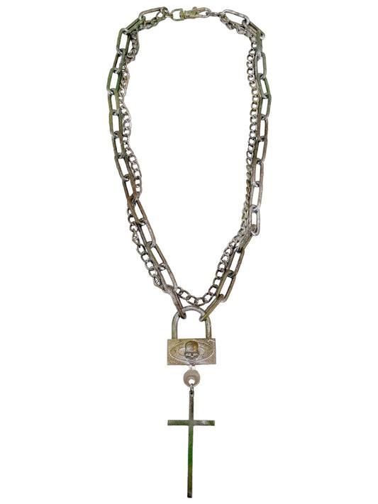 Jean Paul Gaultier 90s Sample Skull Lock Key Cross Double Chain Necklace