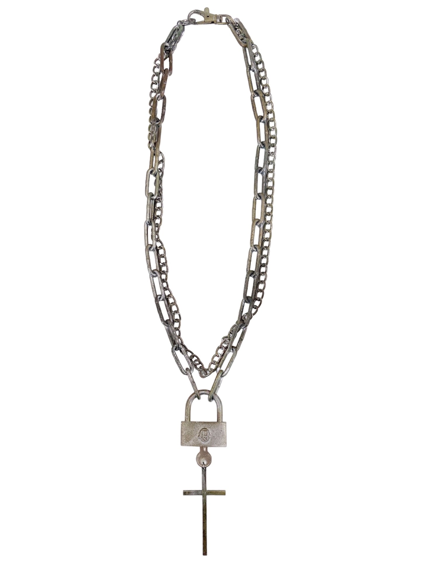 Jean Paul Gaultier 90s Sample Skull Lock Key Cross Double Chain Necklace