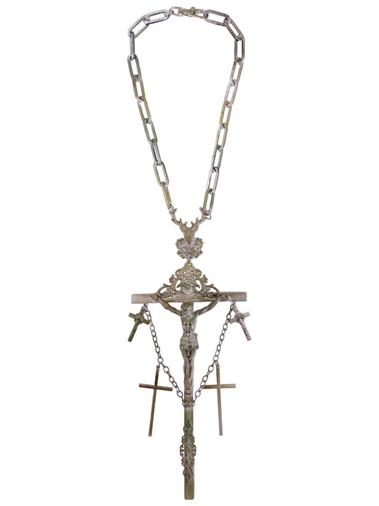 Jean Paul Gaultier 90S Sample 1/1 XXL Silver 5 Crucifix Cross Deer Chain Necklace