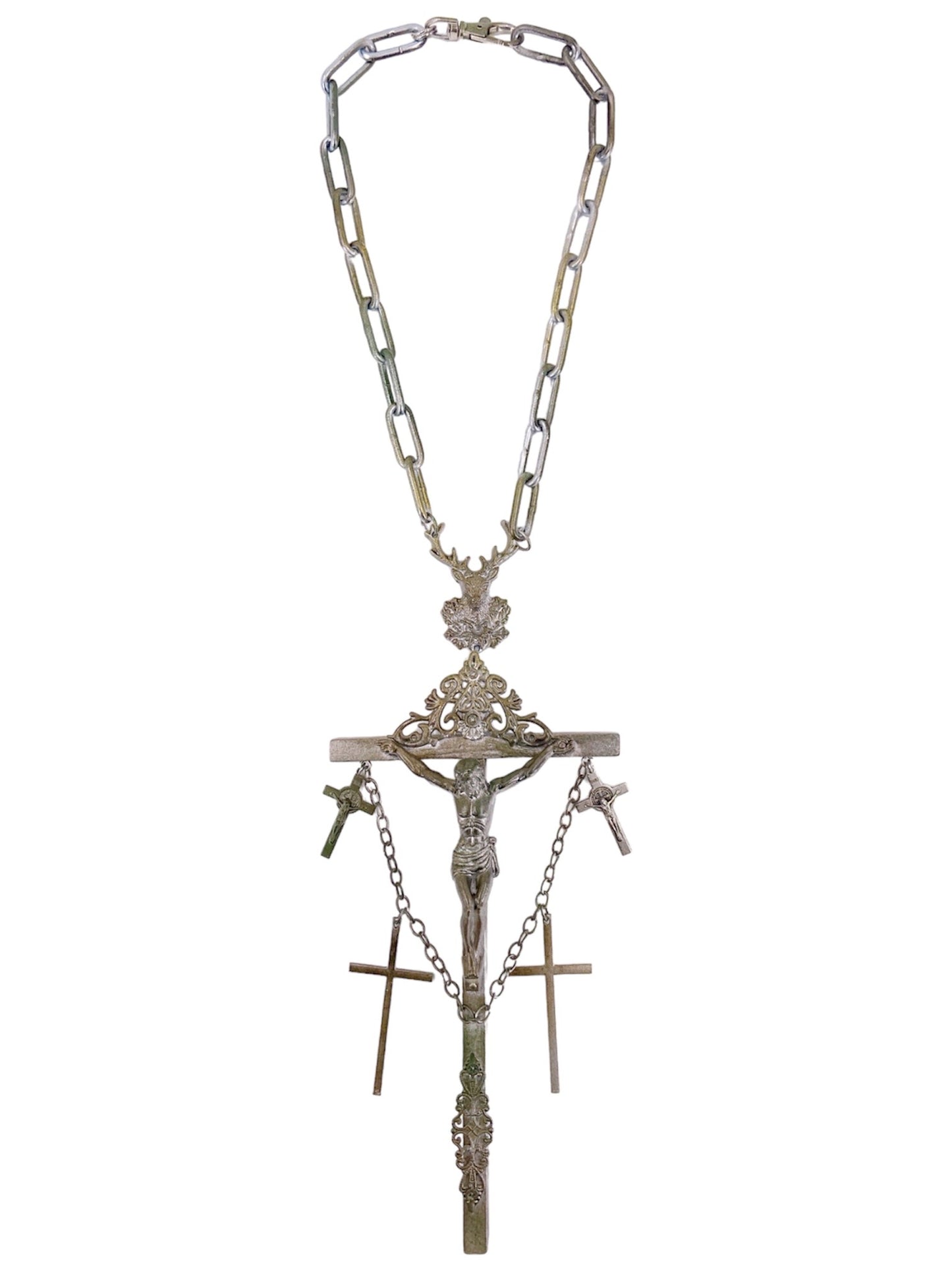 Jean Paul Gaultier 90S Sample 1/1 XXL Silver 5 Crucifix Cross Deer Chain Necklace
