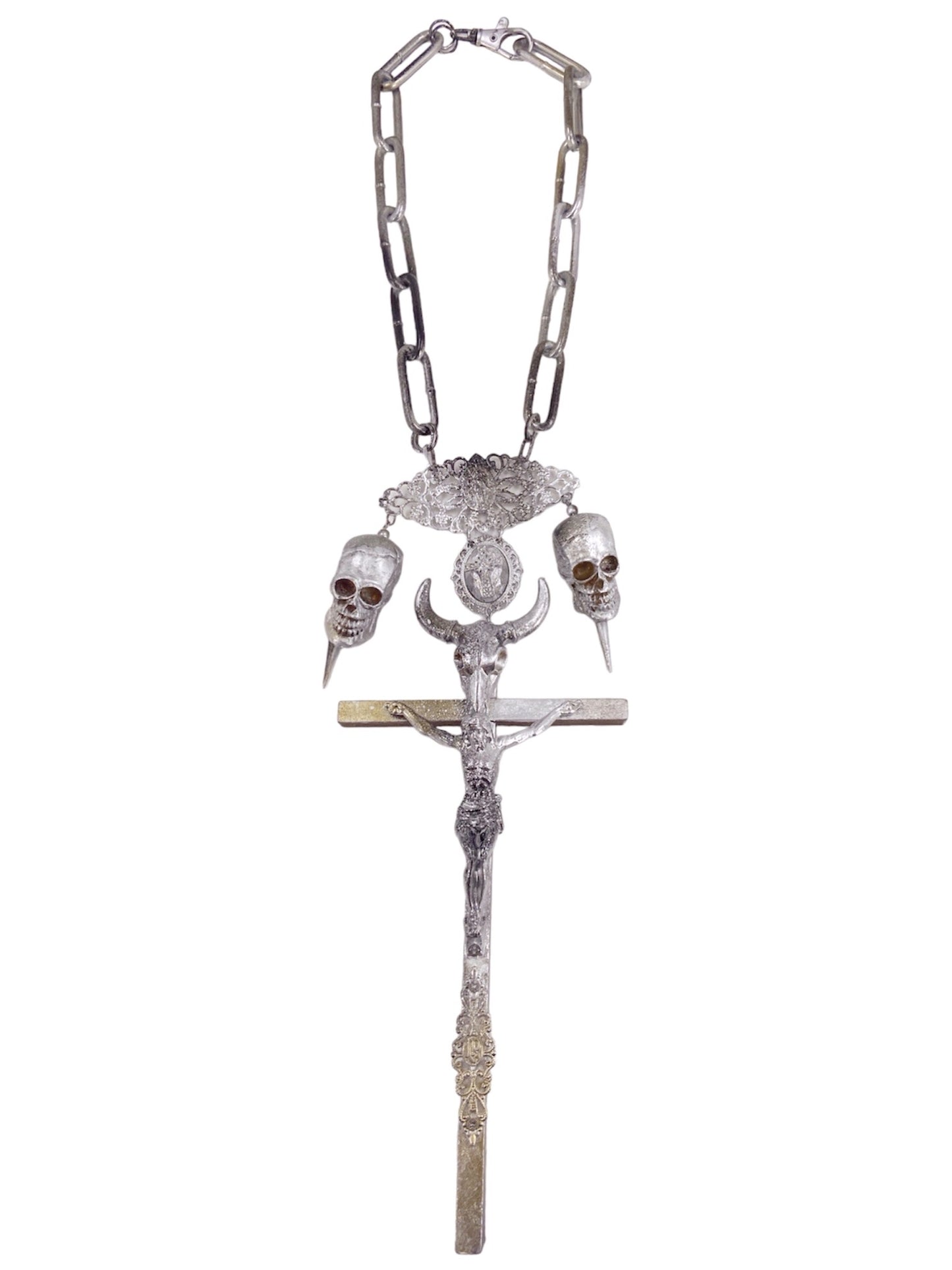 Jean Paul Gaultier 90S Sample 1/1 XXL Silver Crucifix Cross Bull Skull Spiked Chain Necklace