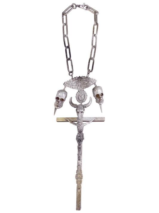 Jean Paul Gaultier 90S Sample 1/1 XXL Silver Crucifix Cross Bull Skull Spiked Chain Necklace