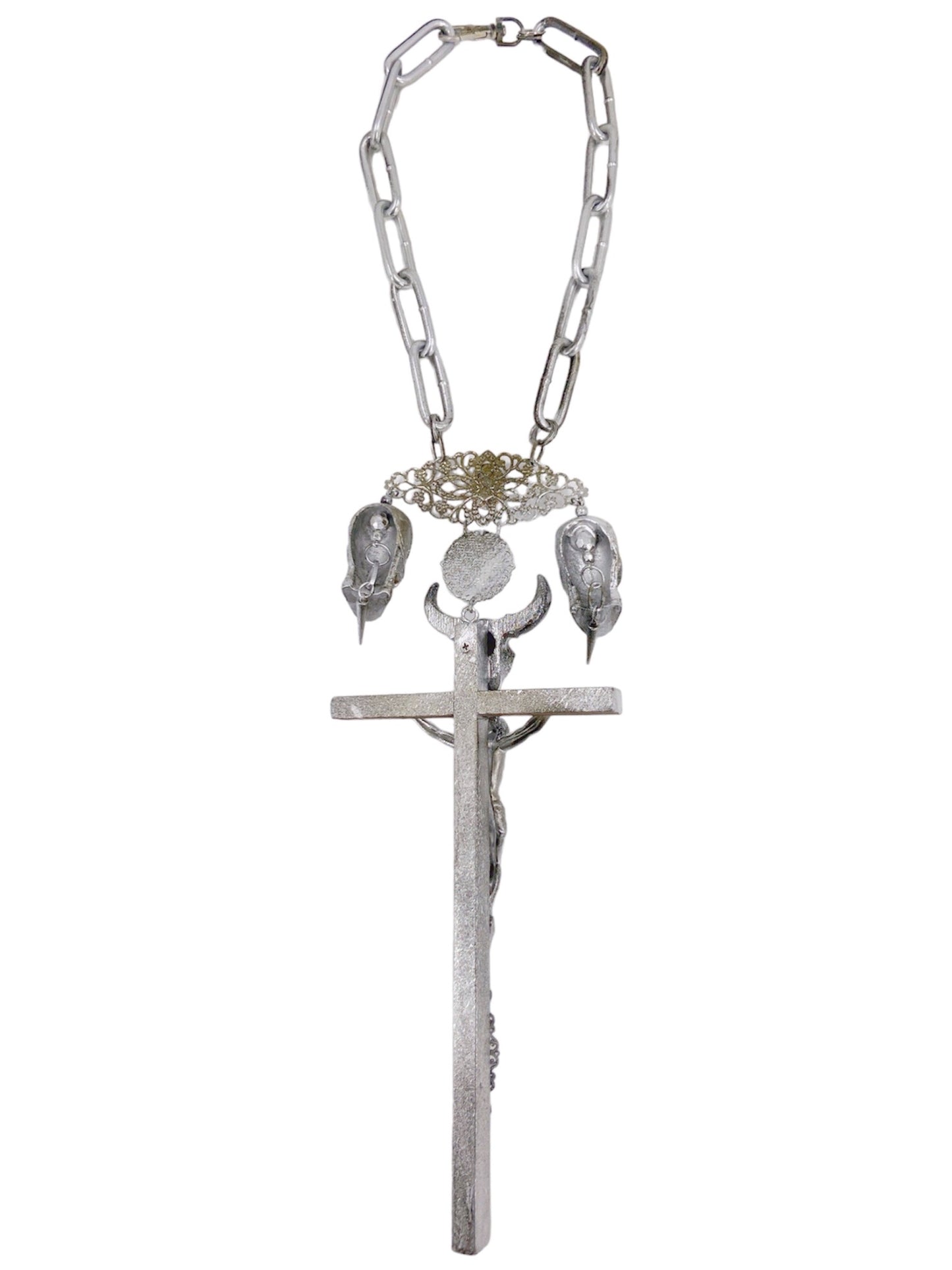 Jean Paul Gaultier 90S Sample 1/1 XXL Silver Crucifix Cross Bull Skull Spiked Chain Necklace