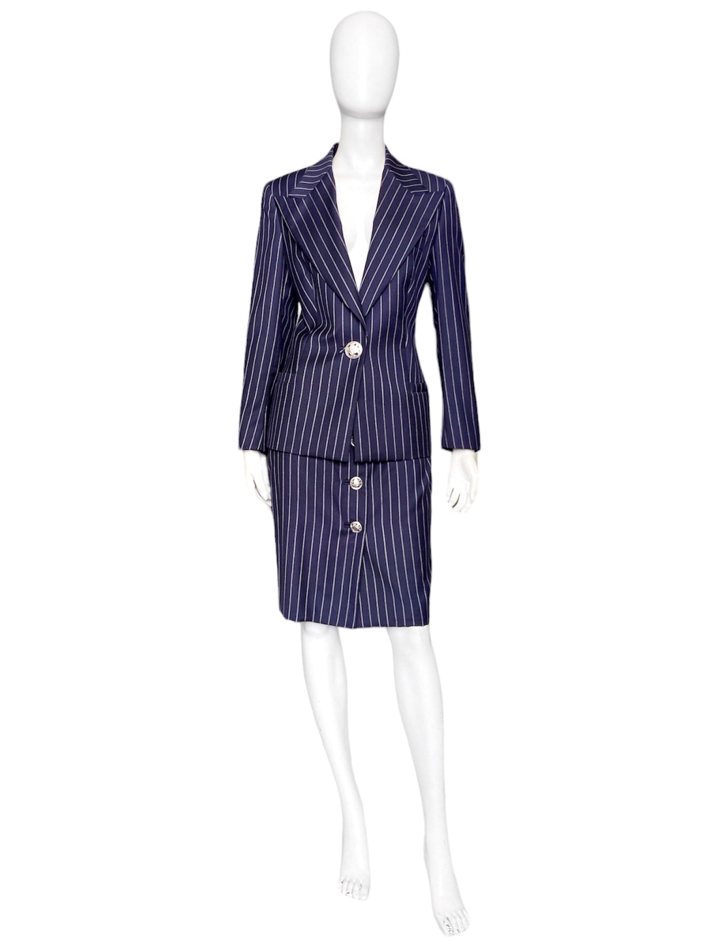 Gianni Versace Spring 1995 Navy Double Pinstriped Wrap Skirt Suit 42