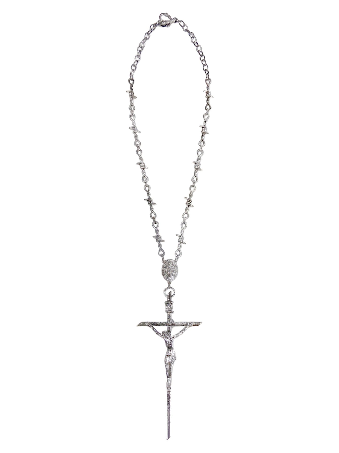 Jean Paul Gaultier 90s Sample Silver Barbed Wire Cross Chain Necklace